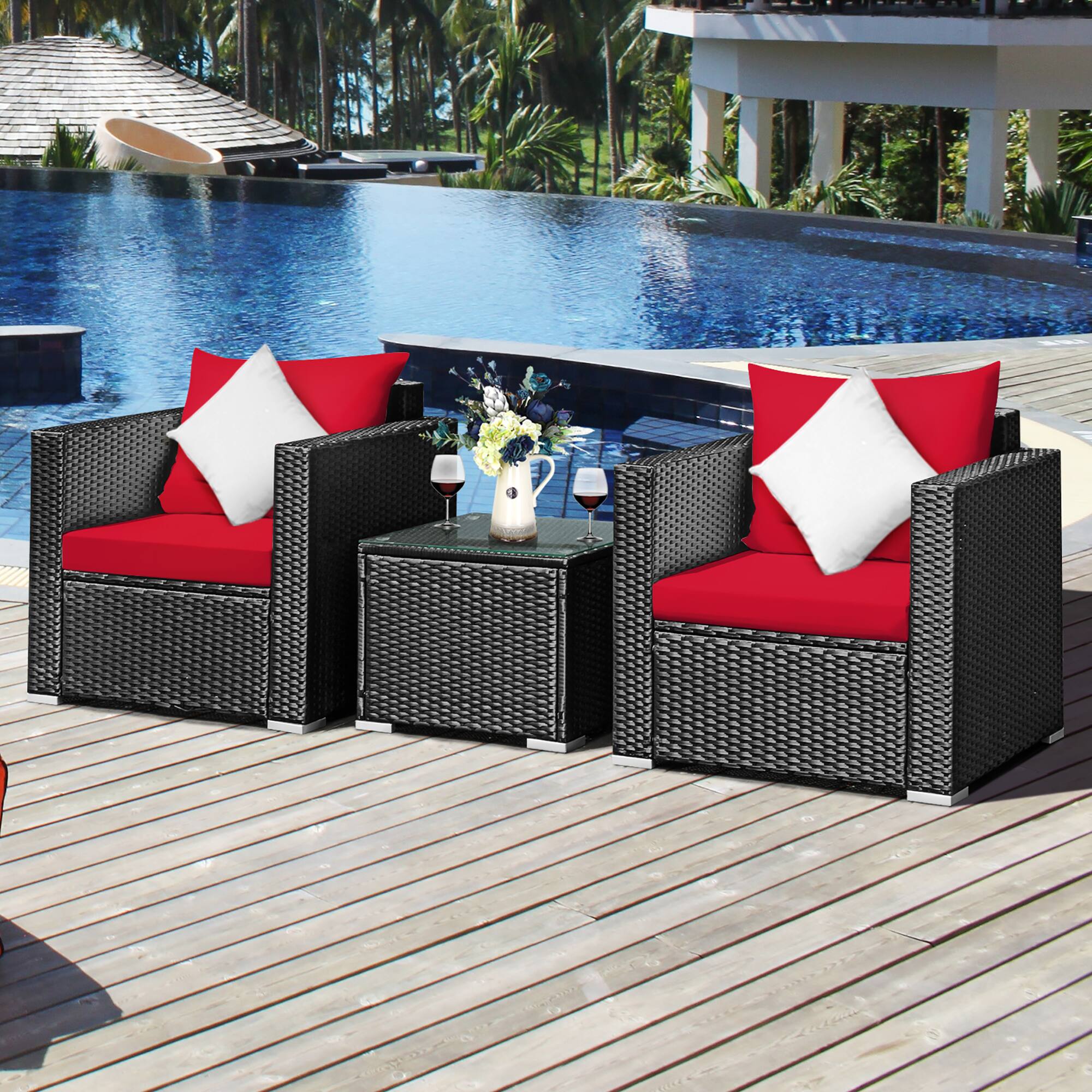Alt View 1. Costway - 3PCS Patio Rattan Wicker Furniture Set Sofa Table W/Cushion Yard - Red.