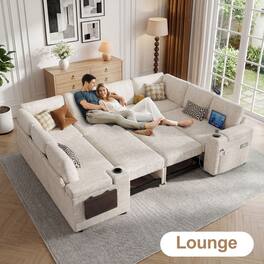 Dyonery - 112" Modular Sectional Sofa, U Shaped 8-Seater Sleeper Sofa with Pull Out Bed &Hidden Storage, Cup Holders & USB. - Beige