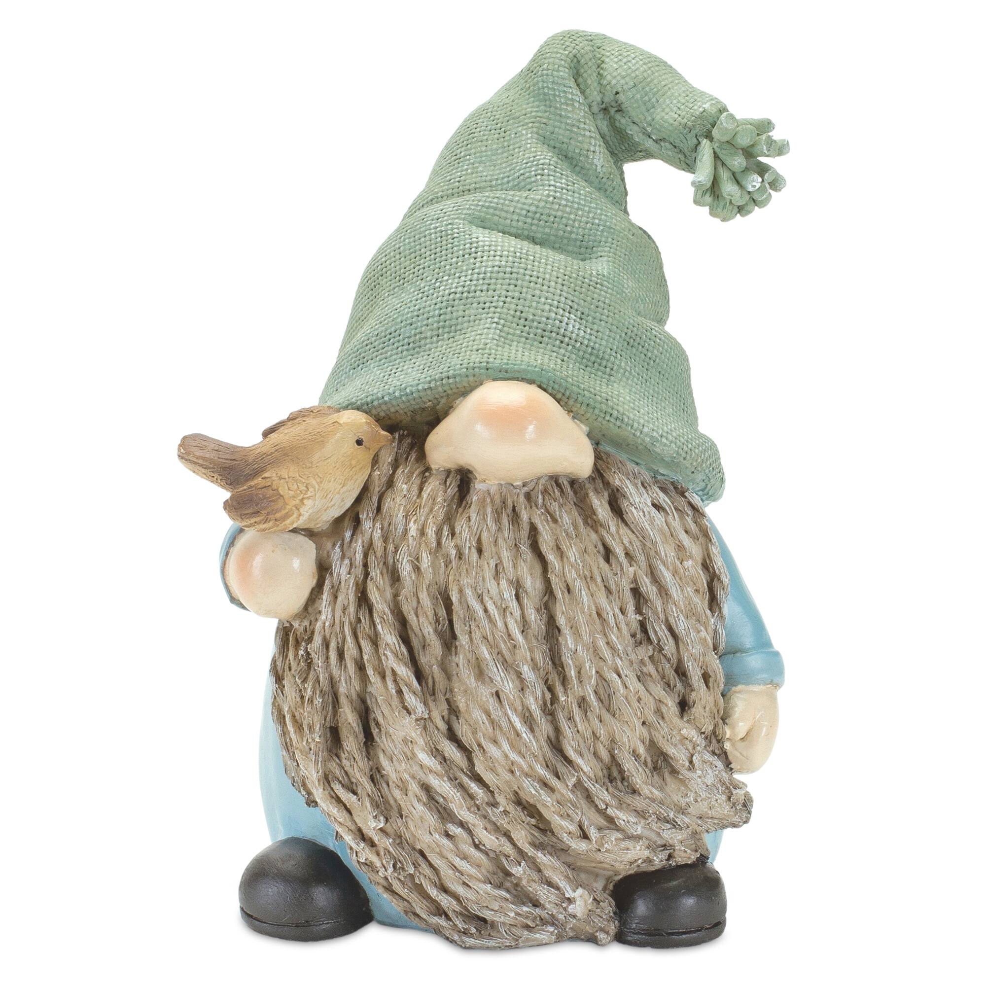Back. BreeBe - Stone Garden Gnome Figurine with Bird and Lantern Accent (Set of 4) - Green.