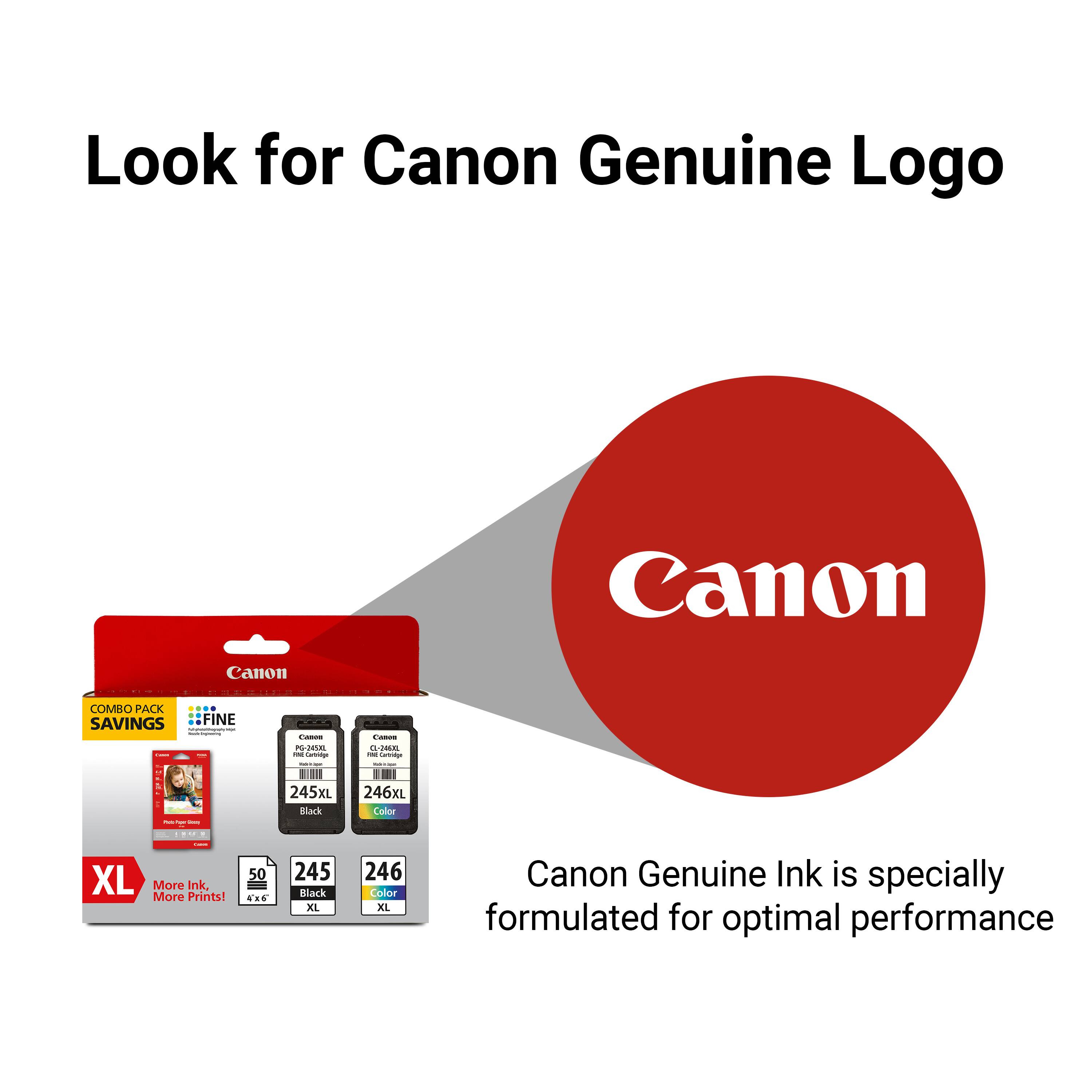 Look for Canon Genuine Logo Canon Canon COMB O PACK ... SAVINGS FINE ... i P-E - - - 245XL Black i - Fo - n 246xL Cofur XL More Ink. More Prints! 50 NAE 245 Black XL 246 nlor XL Canon Genuine Ink is specially formulated for optimal performance.