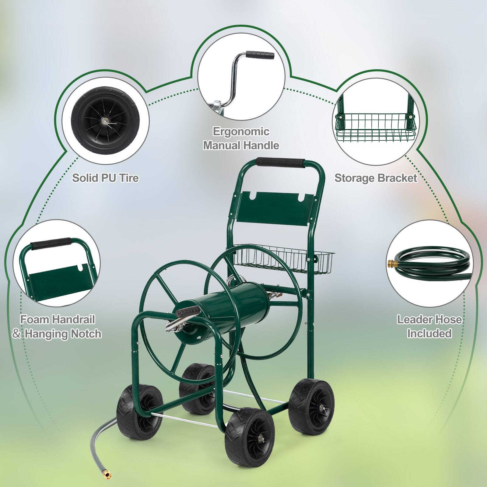 Ergonomic Manual Handle  
Solid PU Tire  
Storage Bracket  
Foam Handrail & Hanging Notch  
Leader Hose Included