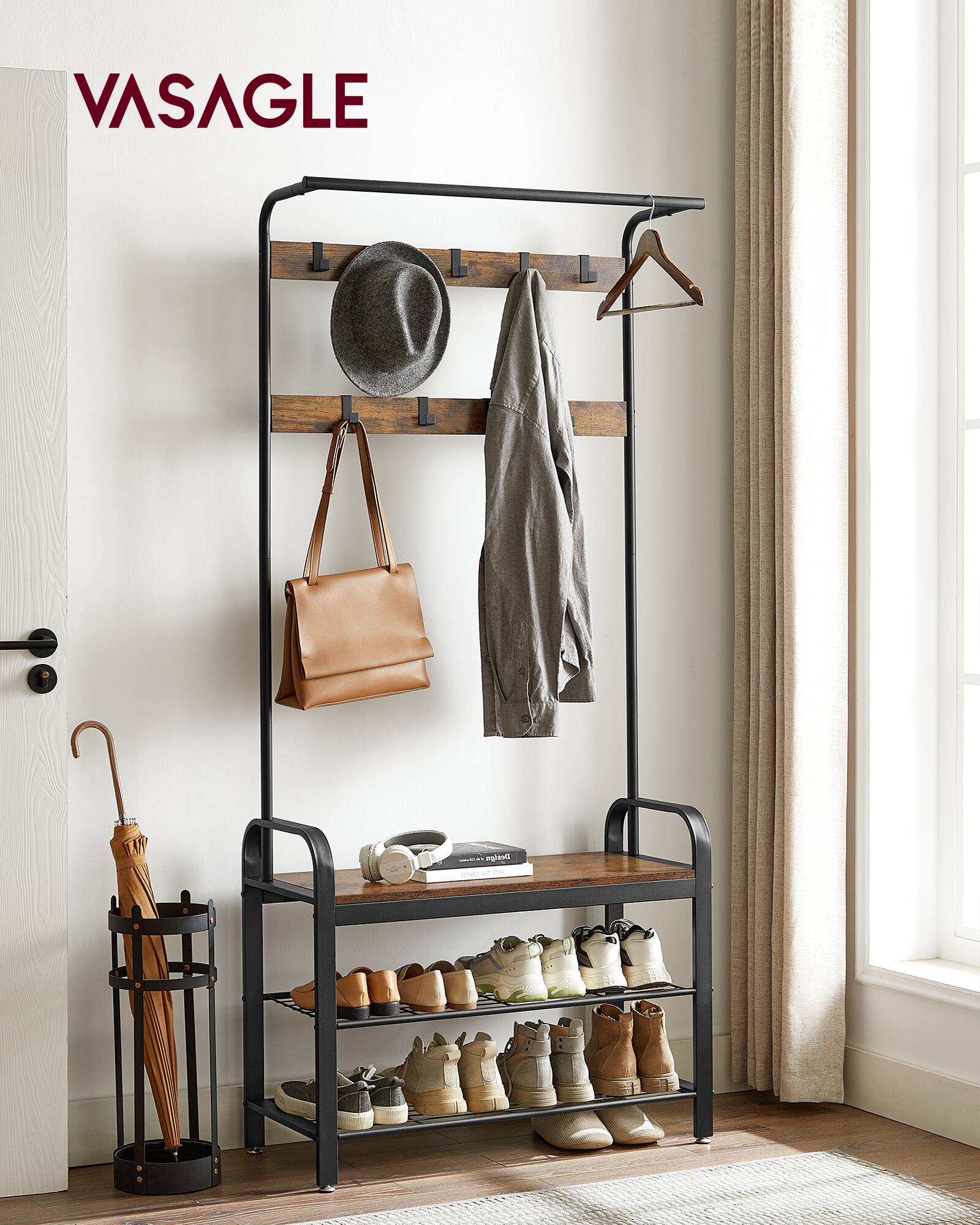 Angle. Songmics Home - Coat Rack, Hall Tree with Shoe Bench for Entryway, Entryway Bench with Coat Rack, 4-in-1, with 9 Removable Hooks - Rustic Brown and Black.