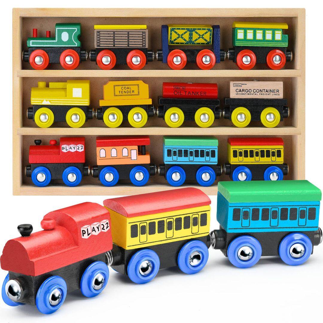 Play22 - Wooden Train Set 12 PCS – Wooden Track Train Toys Magnetic Train Cars Set is Compatible with All Major Brands