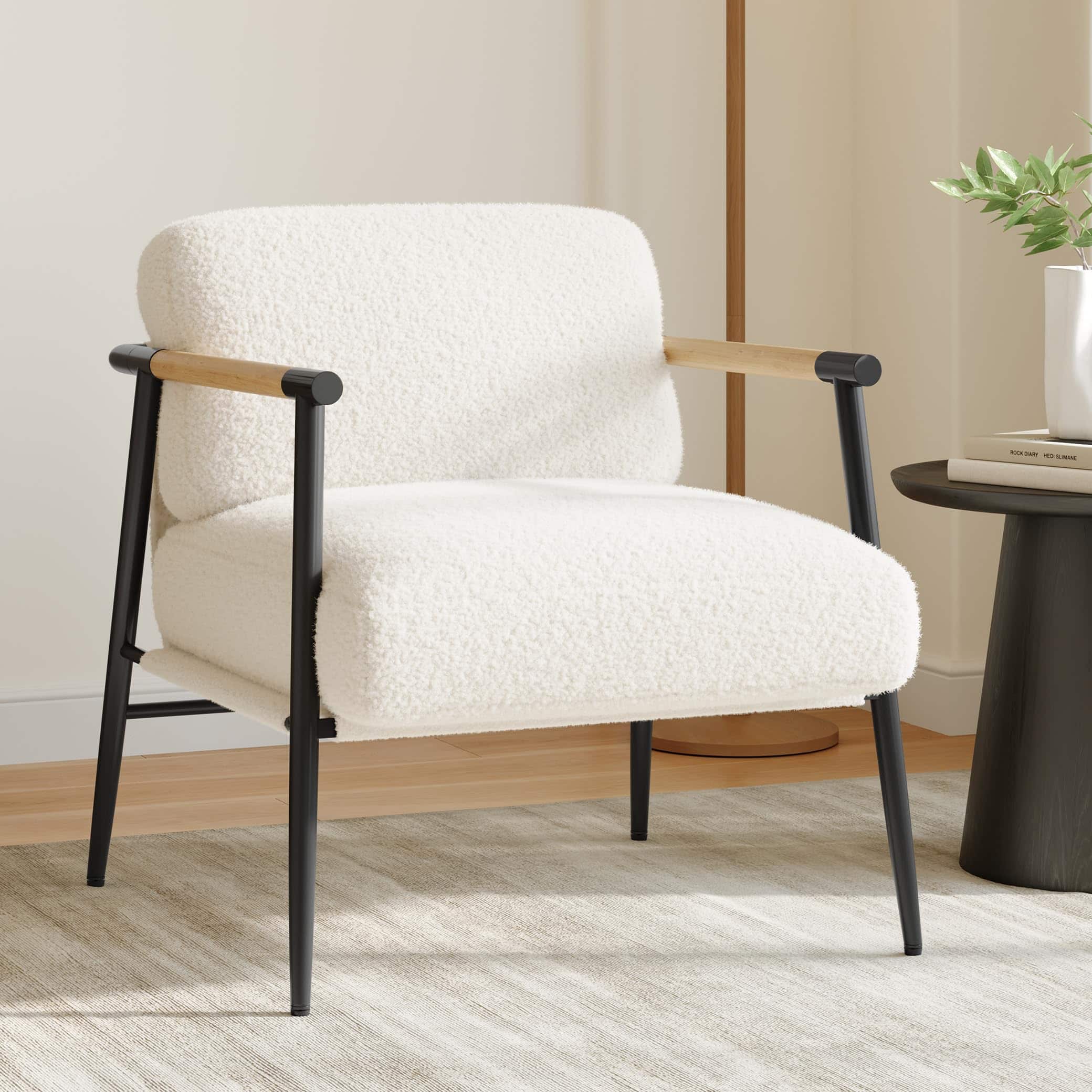 Jojoka - Modern Accent Chair, Cozy Living Room Chair with Metal Frame, Wooden Armrests, Soft Teddy Upholstery - White