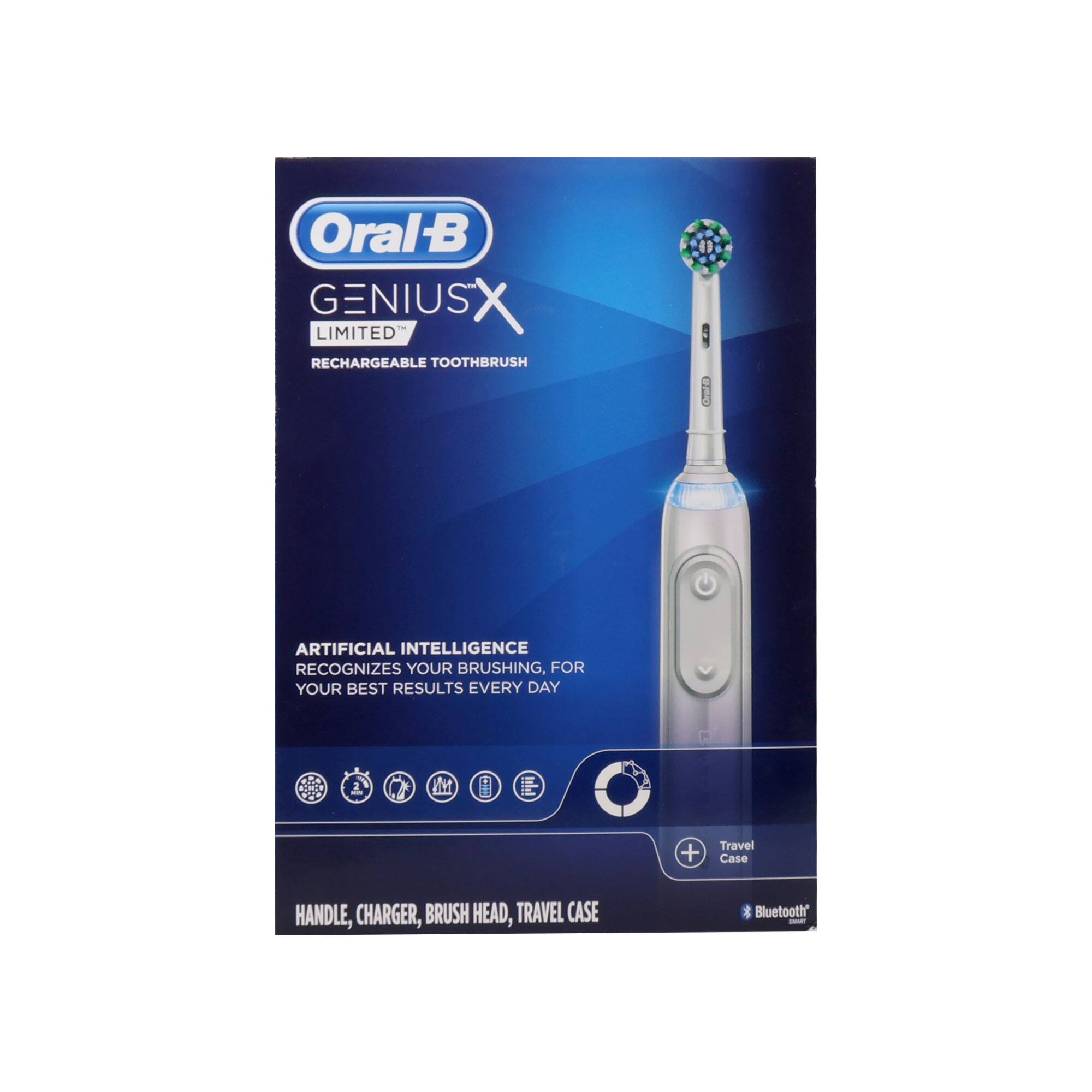 Oral-B GENIUS X LIMITED RECHARGEABLE TOOTHBRUSH  
ARTIFICIAL INTELLIGENCE RECOGNIZES YOUR BRUSHING, FOR YOUR BEST RESULTS EVERY DAY  
HANDLE, CHARGER, BRUSH HEAD, TRAVEL CASE  
Bluetooth