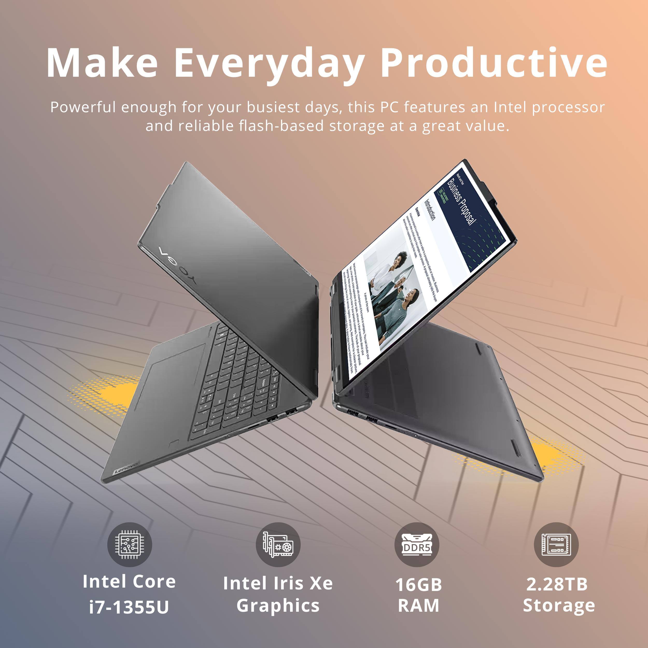 Make Everyday Productive

Powerful enough for your busiest days, this PC features an Intel processor and reliable flash-based storage at a great value.

- Intel Core i7-1355U
- Intel Iris Xe Graphics
- 16GB RAM
- 2.28TB Storage