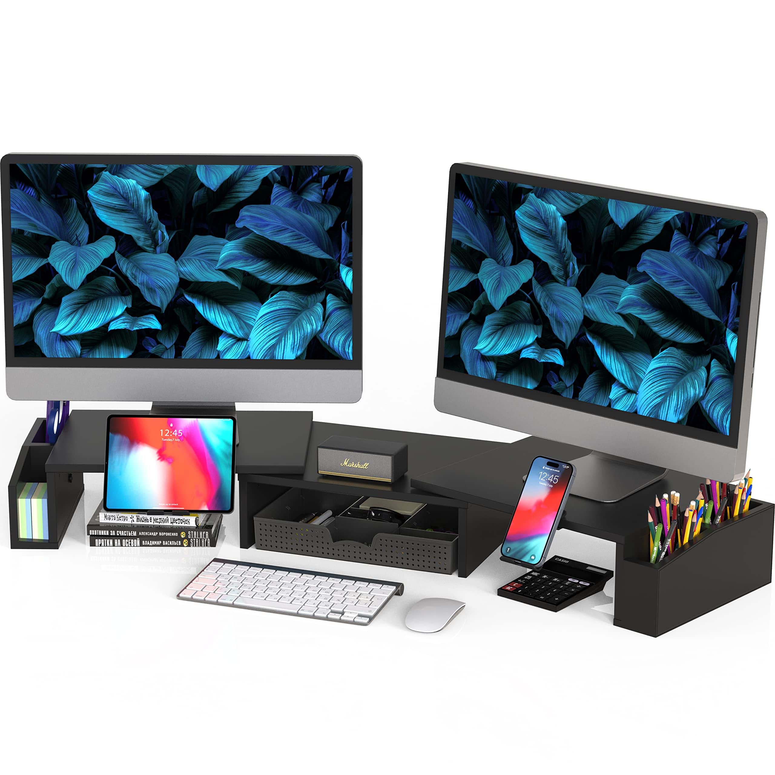 Refined Abode Design - Desk Dual Monitor Stand Riser With Drawer Rustic screen mount arm vesa - Black