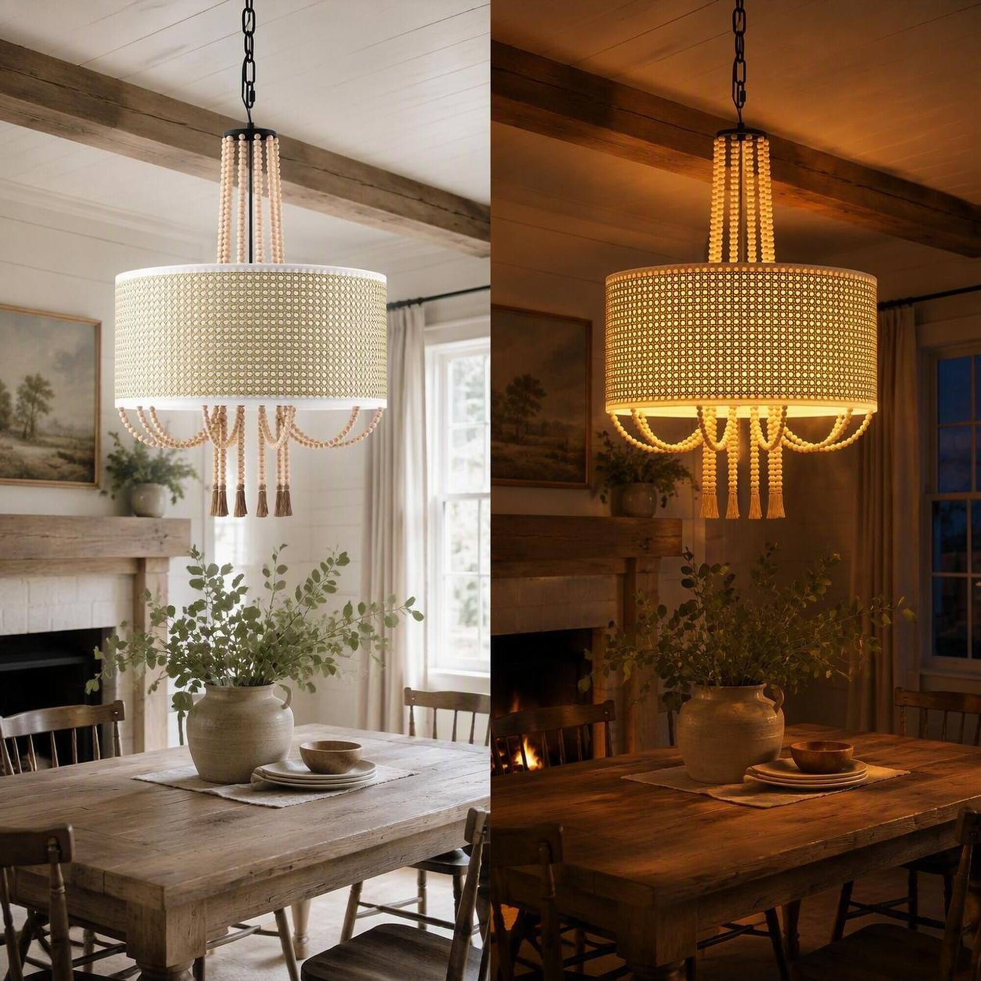 Back. RYHNUYNE - 19 In Boho Rattan 5-Light Chandelier, E12 Bamboo Wood Bead Tassel Coastal Farmhouse Pendant Fixture - Wood.