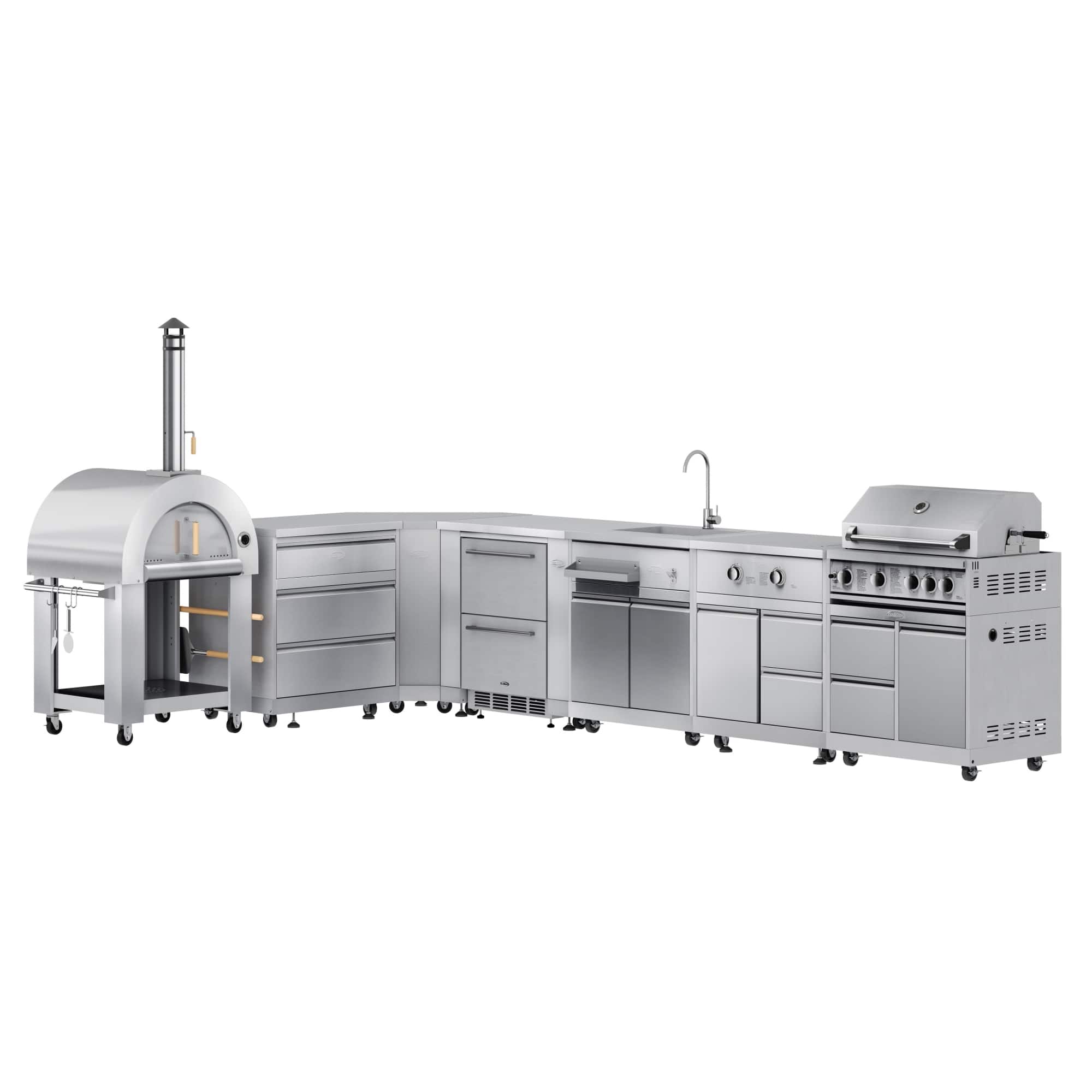 Koolmore - Wood fire Pizza Oven, 3 Drawer Cabinet, Corner Cabinet, Refrigerator, Side Burner, 30 in. Grill and Cabinet - Stainless Steel