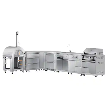 Front. Koolmore - Wood fire Pizza Oven, 3 Drawer Cabinet, Corner Cabinet, Refrigerator, Side Burner, 30 in. Grill and Cabinet - Stainless Steel.