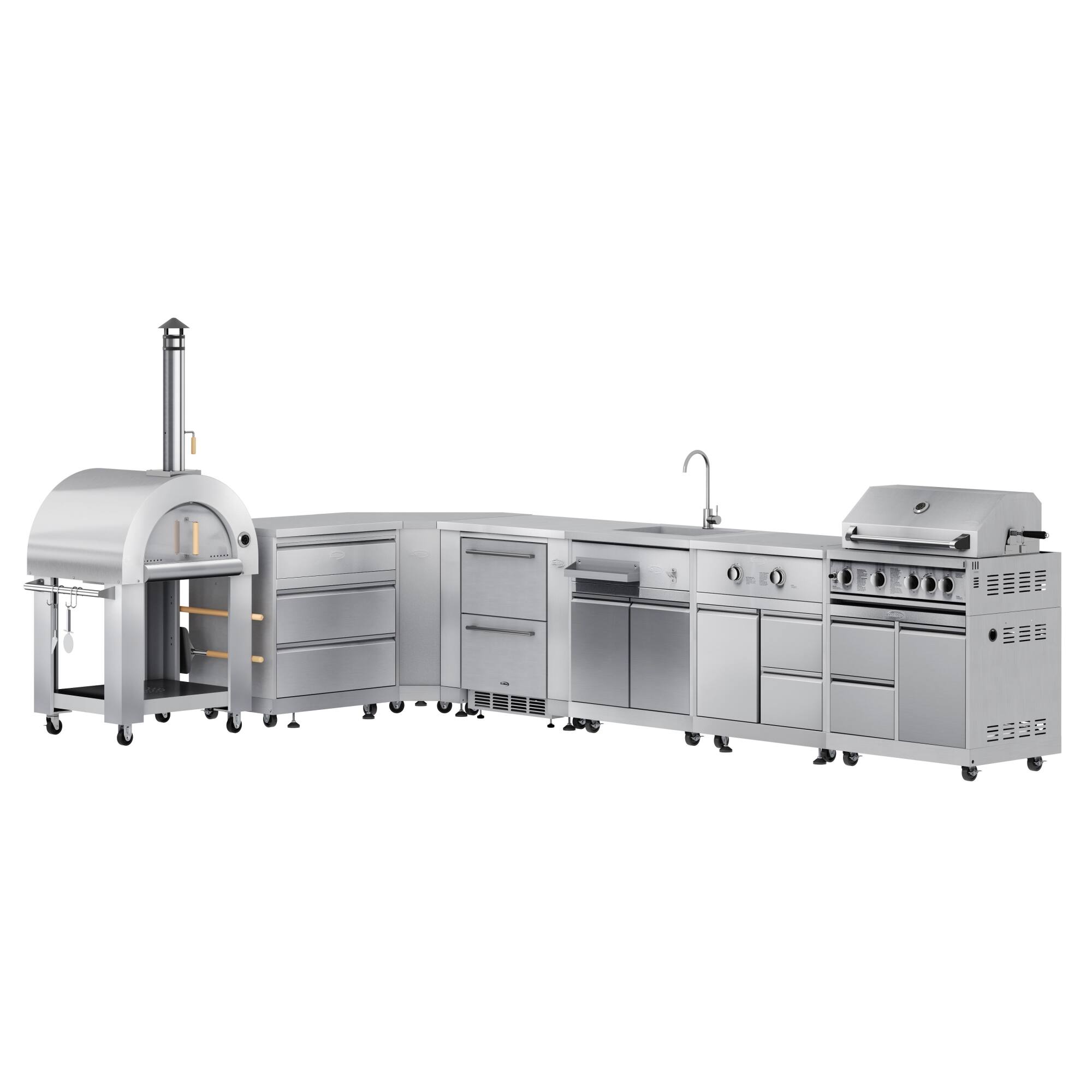 Front. Koolmore - Wood fire Pizza Oven, 3 Drawer Cabinet, Corner Cabinet, Refrigerator, Side Burner, 30 in. Grill and Cabinet - Stainless Steel.