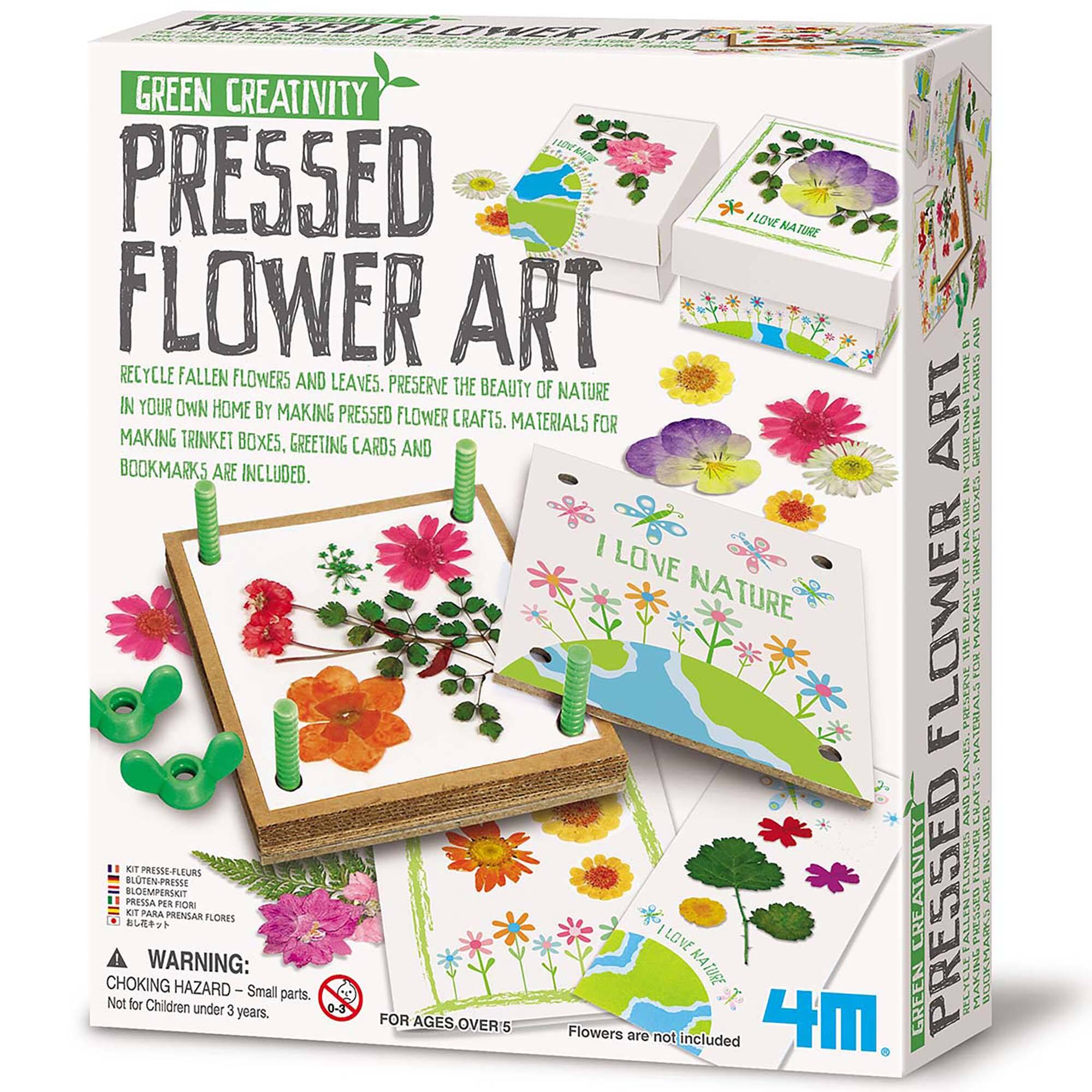 Green Creativity Presse Flower Art Kit:

* Preserve the beauty of nature by making pressed flower art.
* Includes materials for making trinket boxes, greeting cards, and bookmarks.
* Warning: Not for children under 3 - Small parts.
* For ages over 5.
* Flowers are not included.
* 4M.