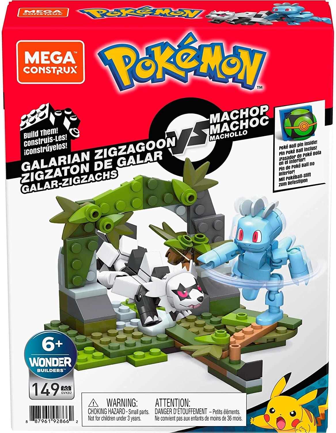 MEGA Construx  
Pokémon  
Build Them! Construis-Les! Construýelos!  
Galarian Zigzagoon Zigzaton Galar Zigzach  
Machop Machoc Machollo  
Poke Ball Pin Poke Ball Inclus! Inside!  
6+ WONDER BUILDERS  
149 PCS  
GVK82  
8 87961 92866 2  

WARNING: ATTENTION:  
CHOKING HAZARD - Small parts.  
DANGER D'ÉTOUFFEMENT - Petits éléments.  
Not for children under 3 years.  
Ne convient pas aux enfants de moins de 36 mois.