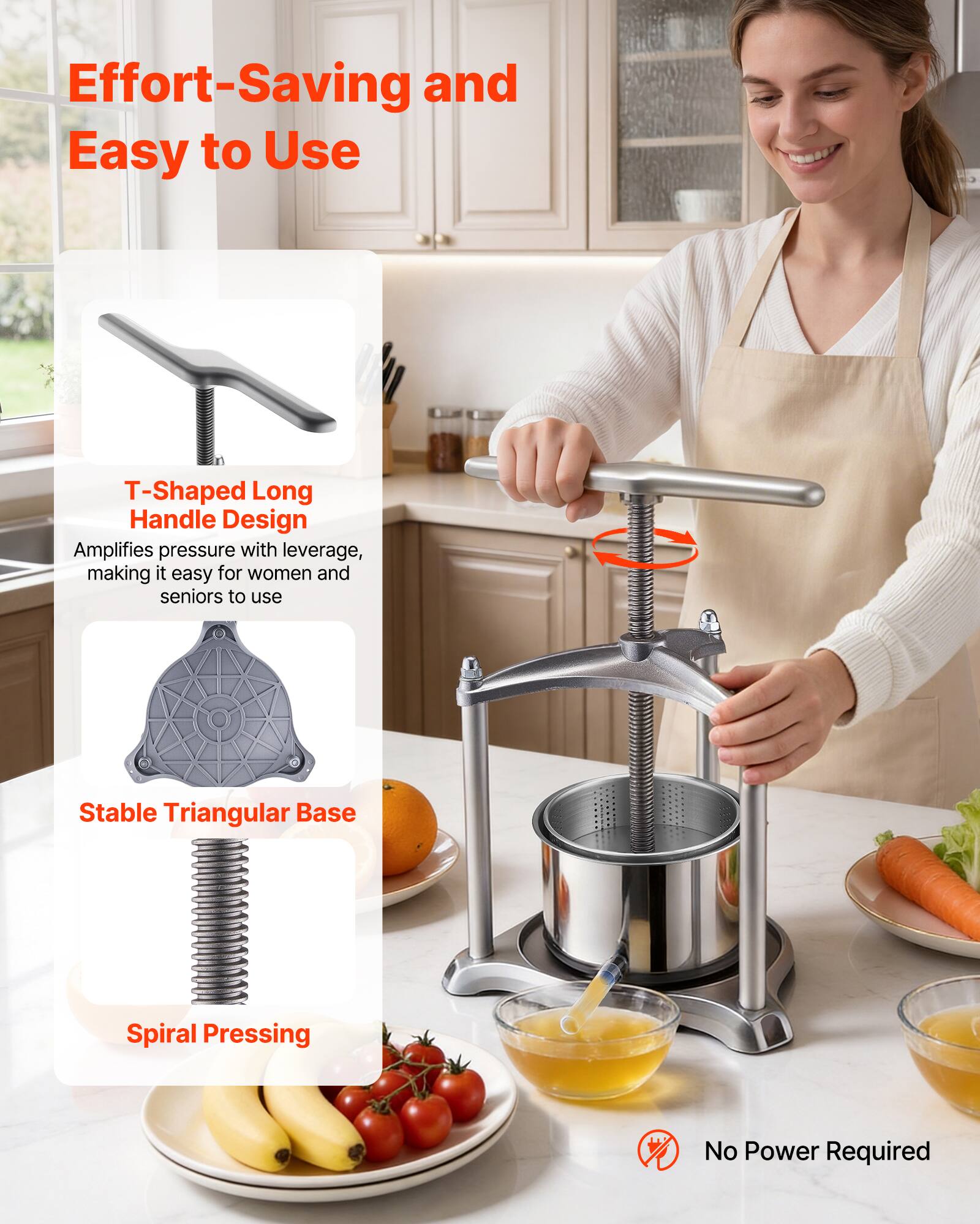 Effort-Saving and Easy to Use

T-Shaped Long Handle Design
Amplifies pressure with leverage, making it easy for women and seniors to use

Stable Triangular Base

Spiral Pressing

No Power Required