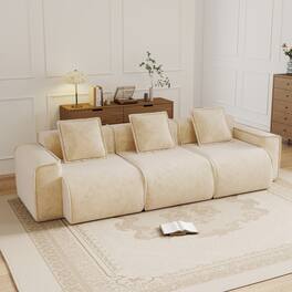 Anysun - Streamlined 3-Seat Velvet Boneless Sofa - Deep Seat, French Edge Piping, No Assembly, Includes Throw Pillows - Cream