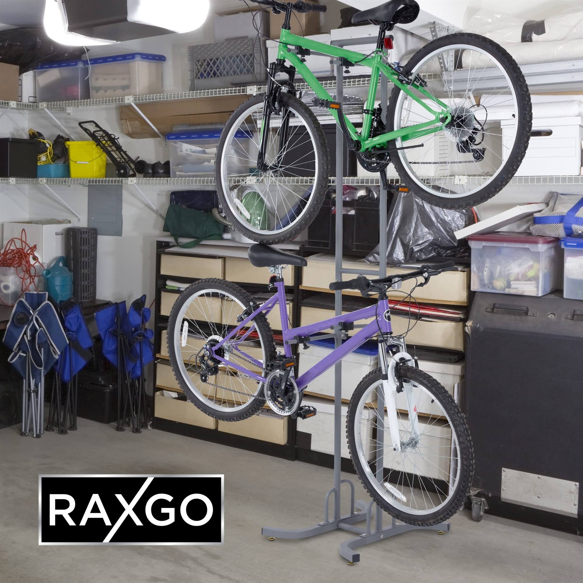 Alt View 5. RaxGo - Freestanting Bike Storage Rack, 2 Bicycle Stand W/Adjustable Hooks, for Mountain & Road Bikes - Black & Grey.