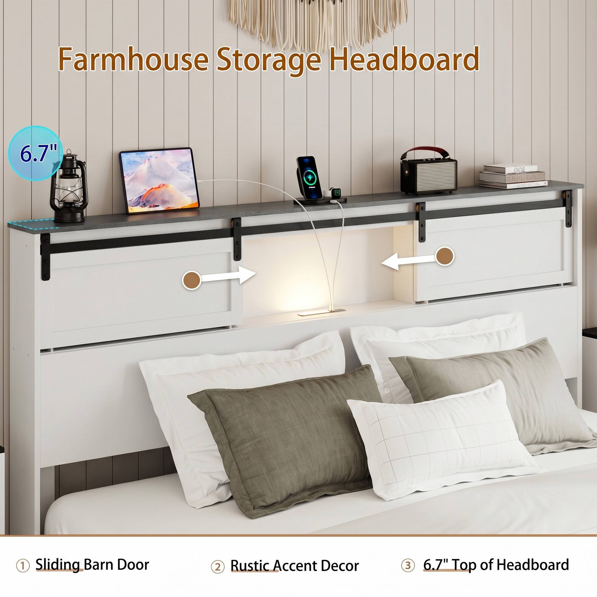 Farmhouse Storage Headboard

1. Sliding Barn Door
2. Rustic Accent Decor
3. 6.7" Top of Headboard