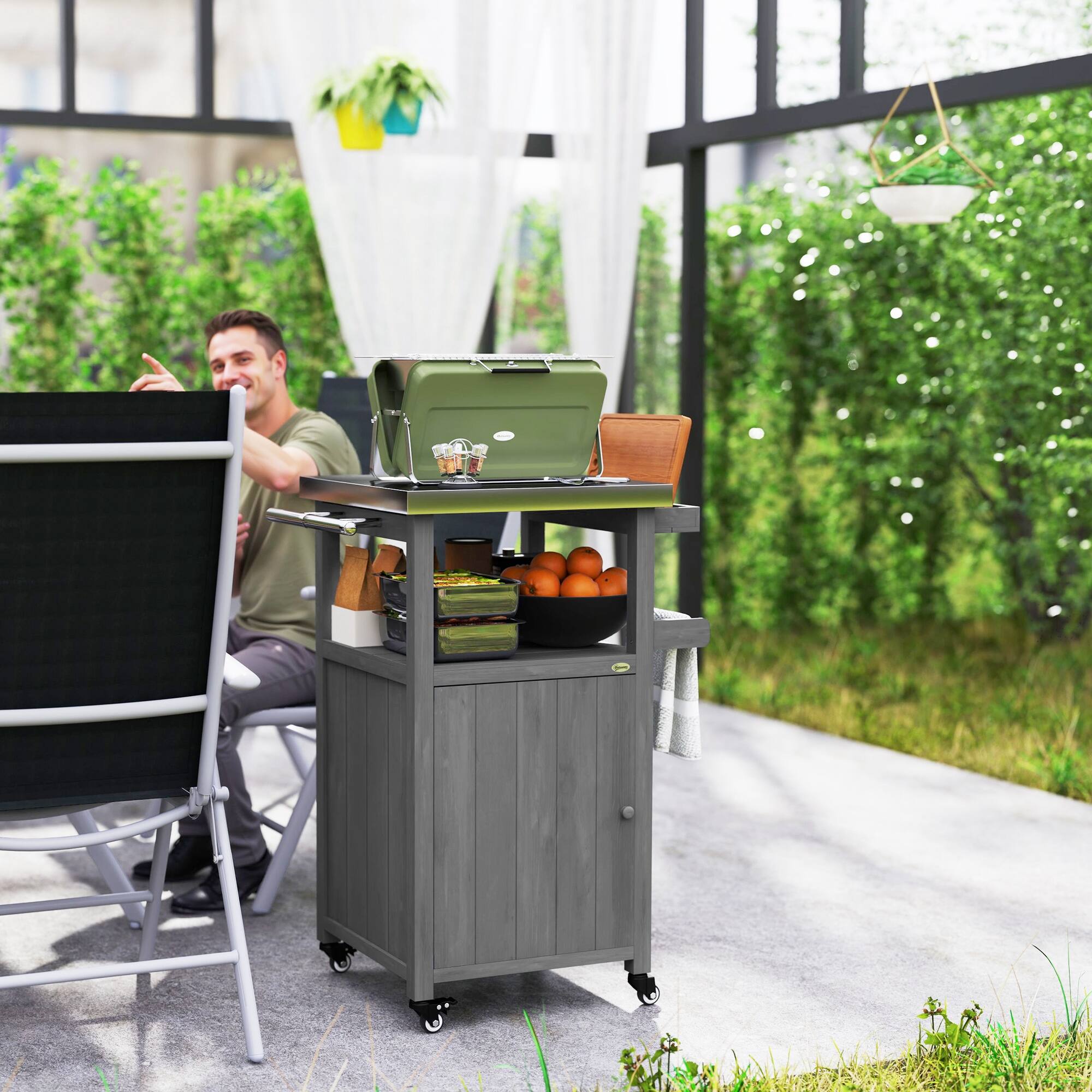 Alt View 1. Outsunny - Grill Cart with Stainless Steel Top, Solid Wood Outdoor Kitchen Island with Wheels, Integrated Hole - Dark Gray.