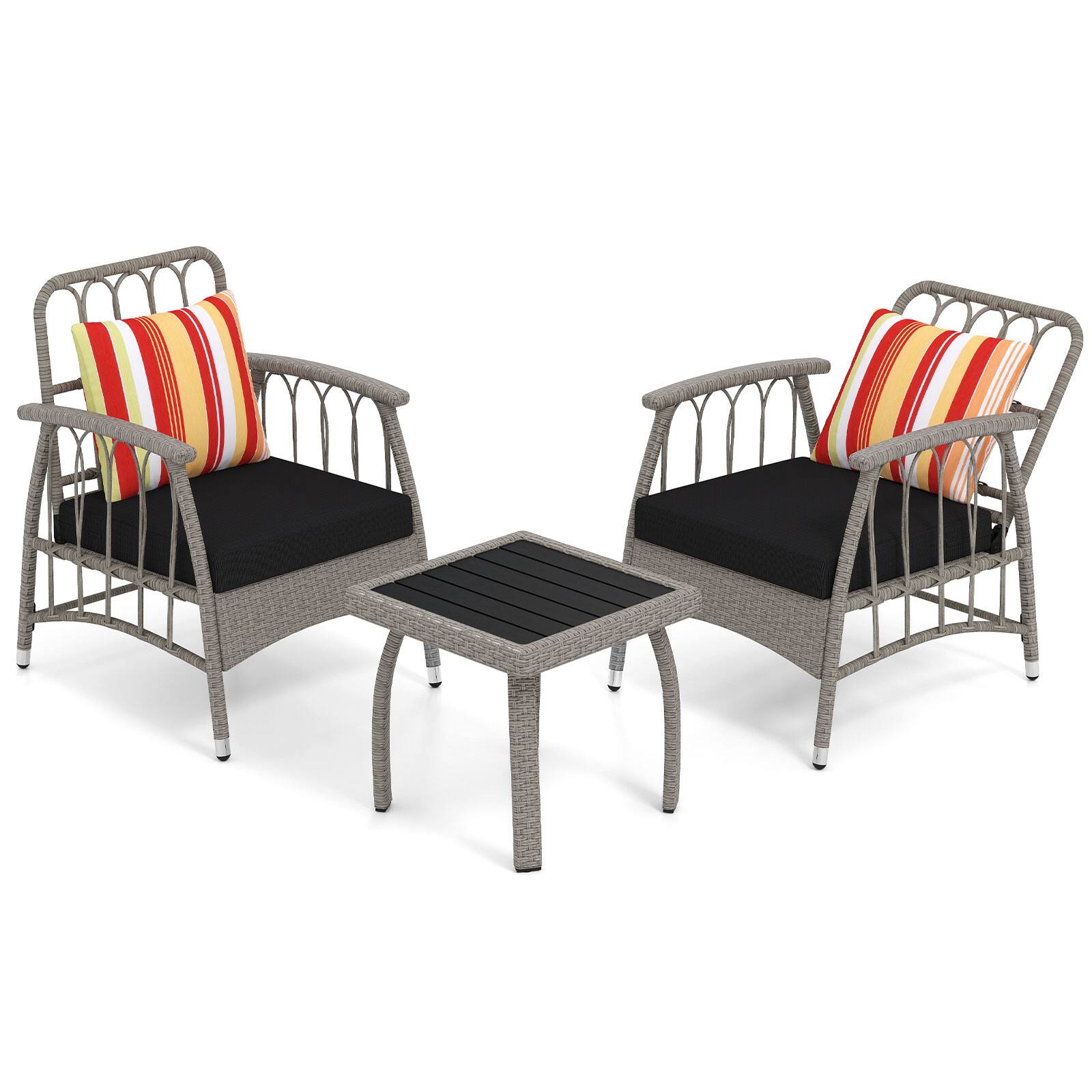 Alt View 5. Gymax - Gymax 3 PCS Patio PE Wicker Furniture Set w/ 5-Level Adjustable Backrest Bistro Set Outdoor - Black.