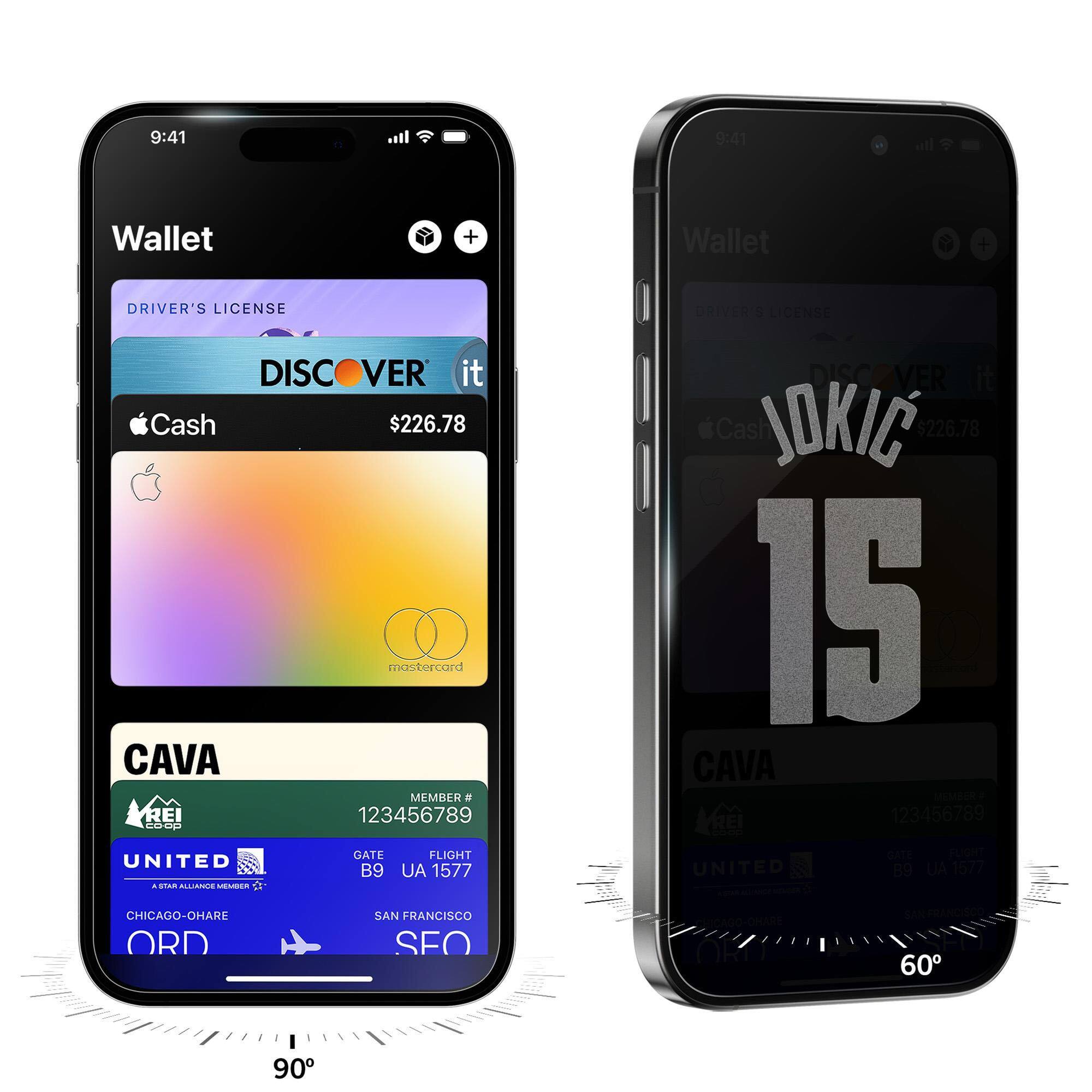 9:41 Wallet + Wallet + DRIVER'S LICENSE DRIVER S LICENSE DISCOVER it Cash $226.78 mastercard CAVA MEMBER e REI 123456789 adda GATE FLIGHT UNITED B9 AU 1577 a stam B SER DISC VER Cash JOKIC $226.78 IS CAVA  REI 123456789 CATE  UNITED 89 UA 1577 CHICAGO-OHARE ORD SAN FRANCISCO SFO Cdorn ORT