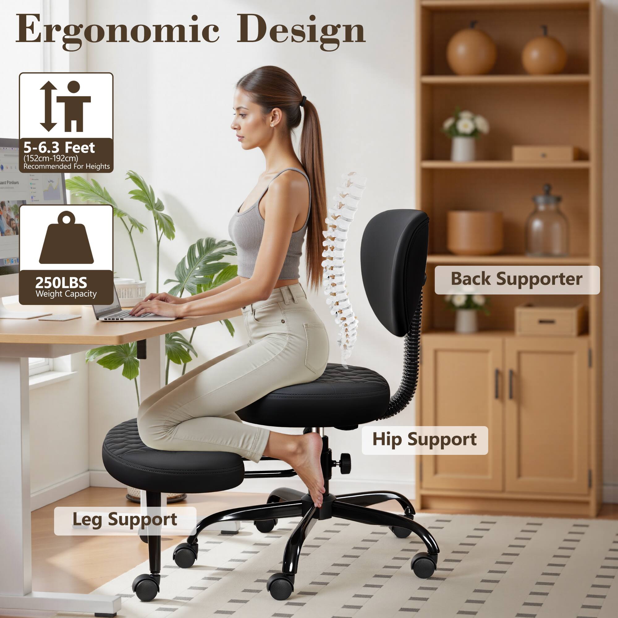 Ergonomic Design 5-6.3 Feet (152cm-192cm) Recommended For Heights - 250LBS Weight Capacity - Back Supporter - Hip Support - Leg Support