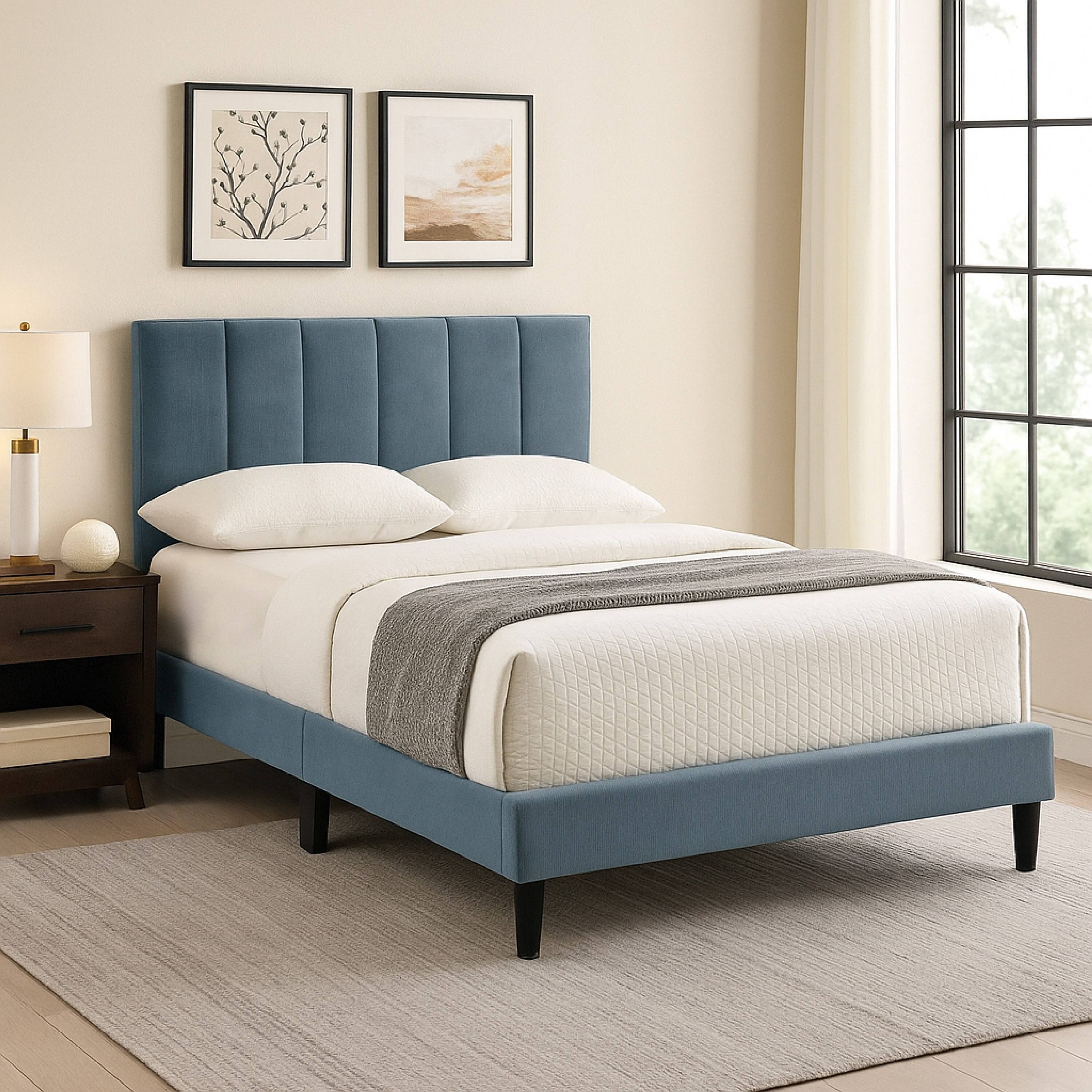 Alt View 2. Manhattan Lane - Lilian Full Bed, Soft Channel Tufted Light Gray Linen Upholstery - Gray, Black.