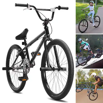 Front. VEVOR - BMX Bike, 24-Inch Wheel Freestyle Bike, BMX Race Bike with 4 Pegs, Beginner-Level BMX to Advanced Riders - Black.