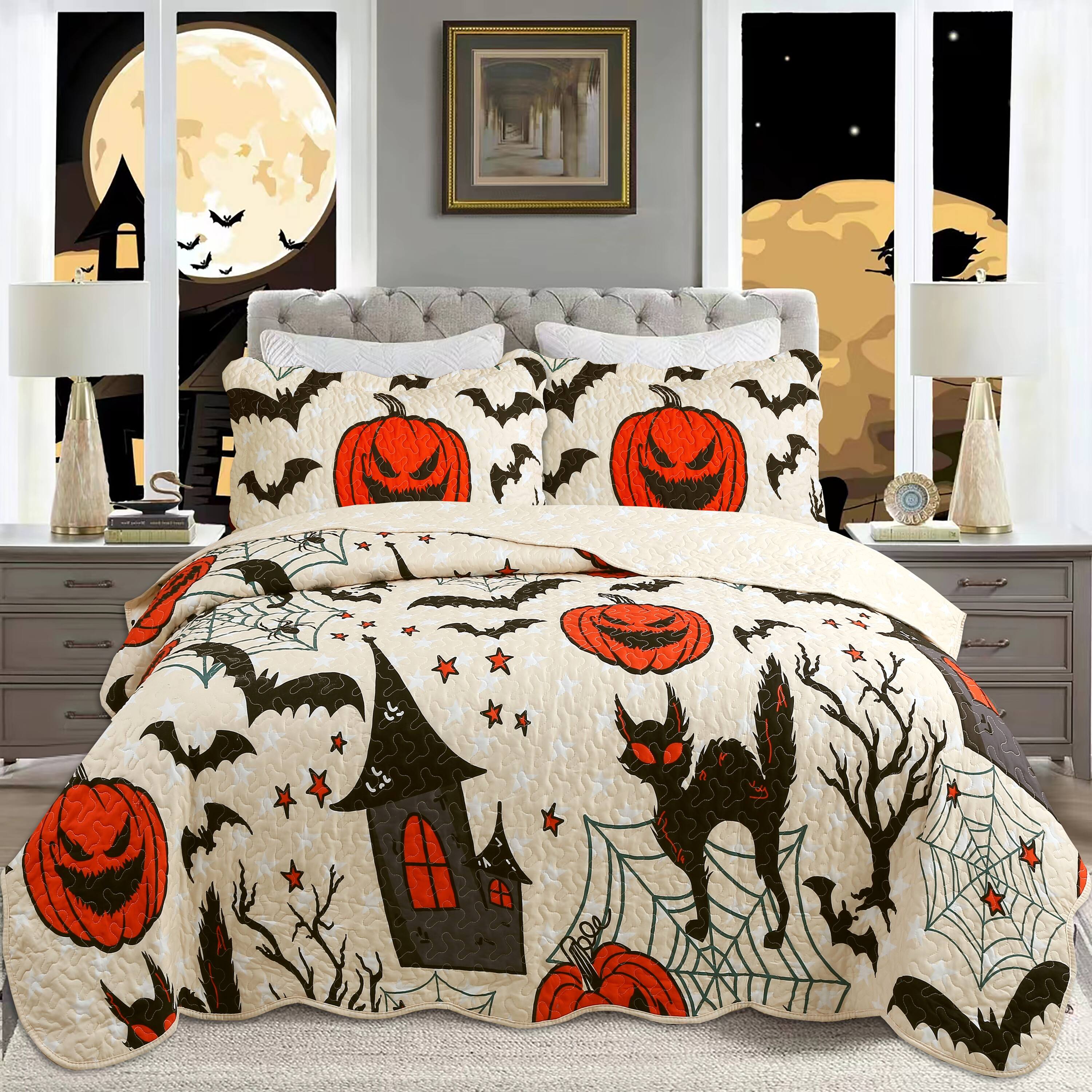 Angle. MarCielo - Marcielo 2/3 Pcs Halloween Themed Quilt Bedspread Set ME503 - Yellow.