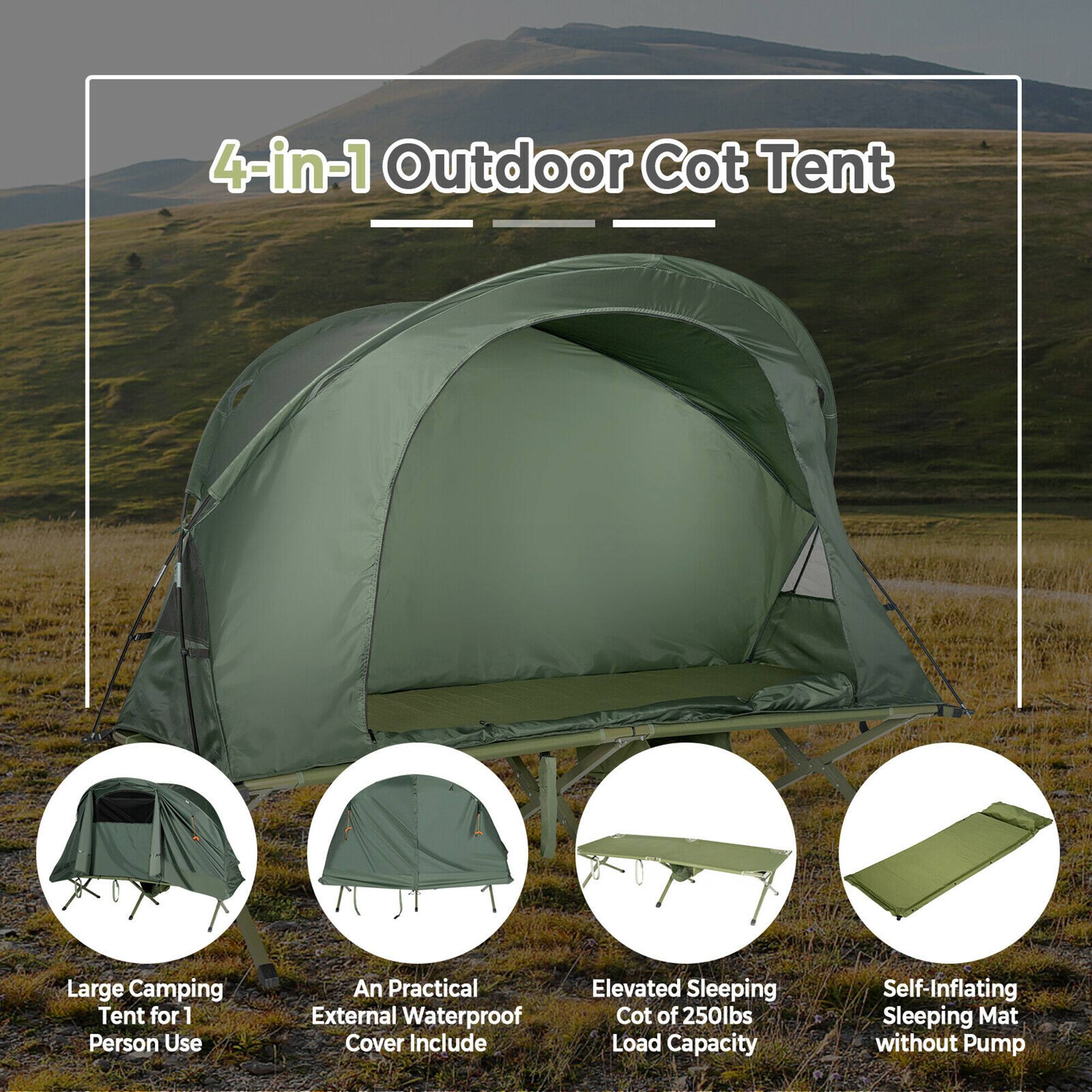4-in-1 Outdoor Cot Tent

Large Camping Tent for 1 Person Use

An Practical External Waterproof Cover Include

Elevated Sleeping Cot of 250lbs Load Capacity

Self-Inflating Sleeping Mat without Pump