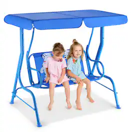 Gymax - Kids Patio Porch Bench Swing w/ Safety Belt Canopy Outdoor Furniture - Blue