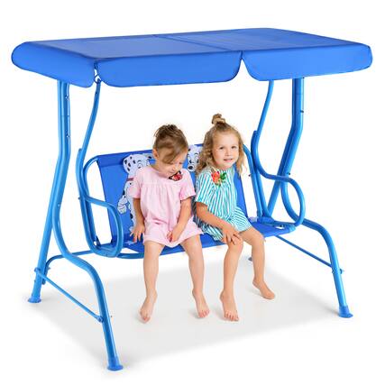 Front. Gymax - Gymax Kids Patio Porch Bench Swing w/ Safety Belt Canopy Outdoor Furniture Blue - Blue.