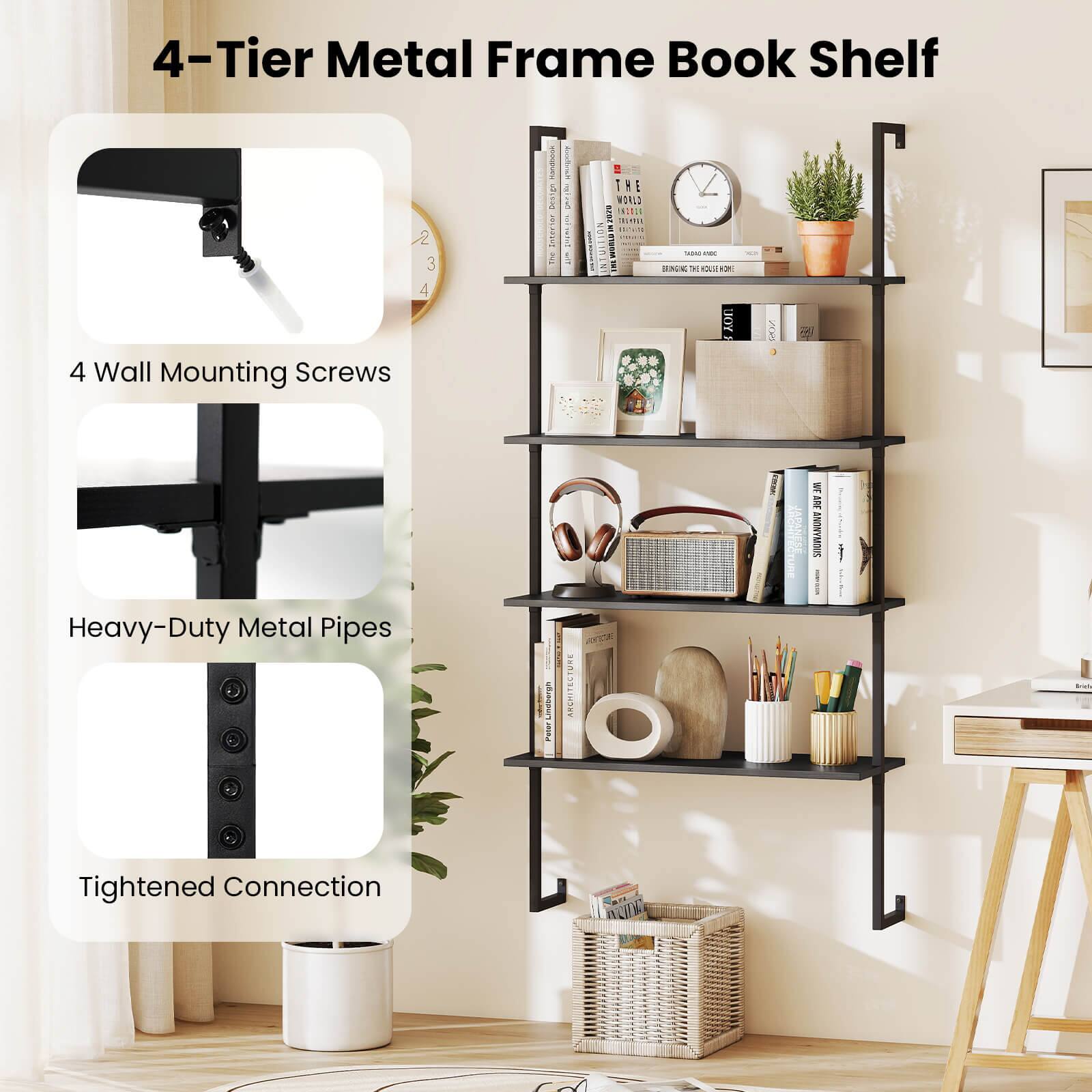 4-Tier Metal Frame Book Shelf

4 Wall Mounting Screws

Heavy-Duty Metal Pipes

Tightened Connection