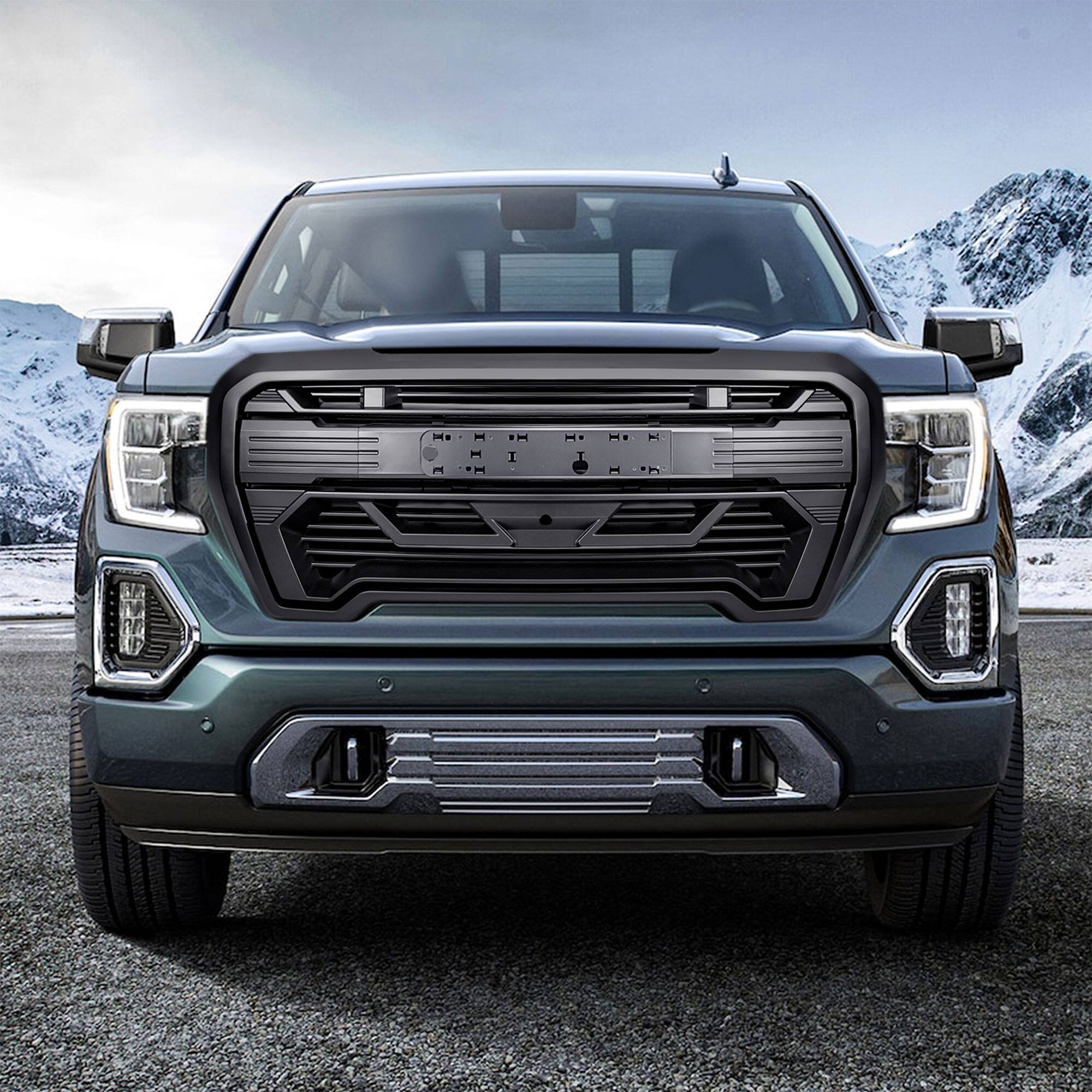 Alt View 4. AMERICAN MODIFIED - AMERICAN MODIFIED Grille w/Emblem Base, 2019-2021 GMC Sierra 1500, Matte Black - Matte Black.