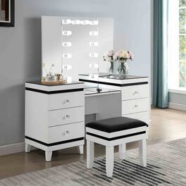 Loheer - Makeup Vanity Set with Stool, Tri-Fold Mirror and Fourteen Bulbs - Black and White