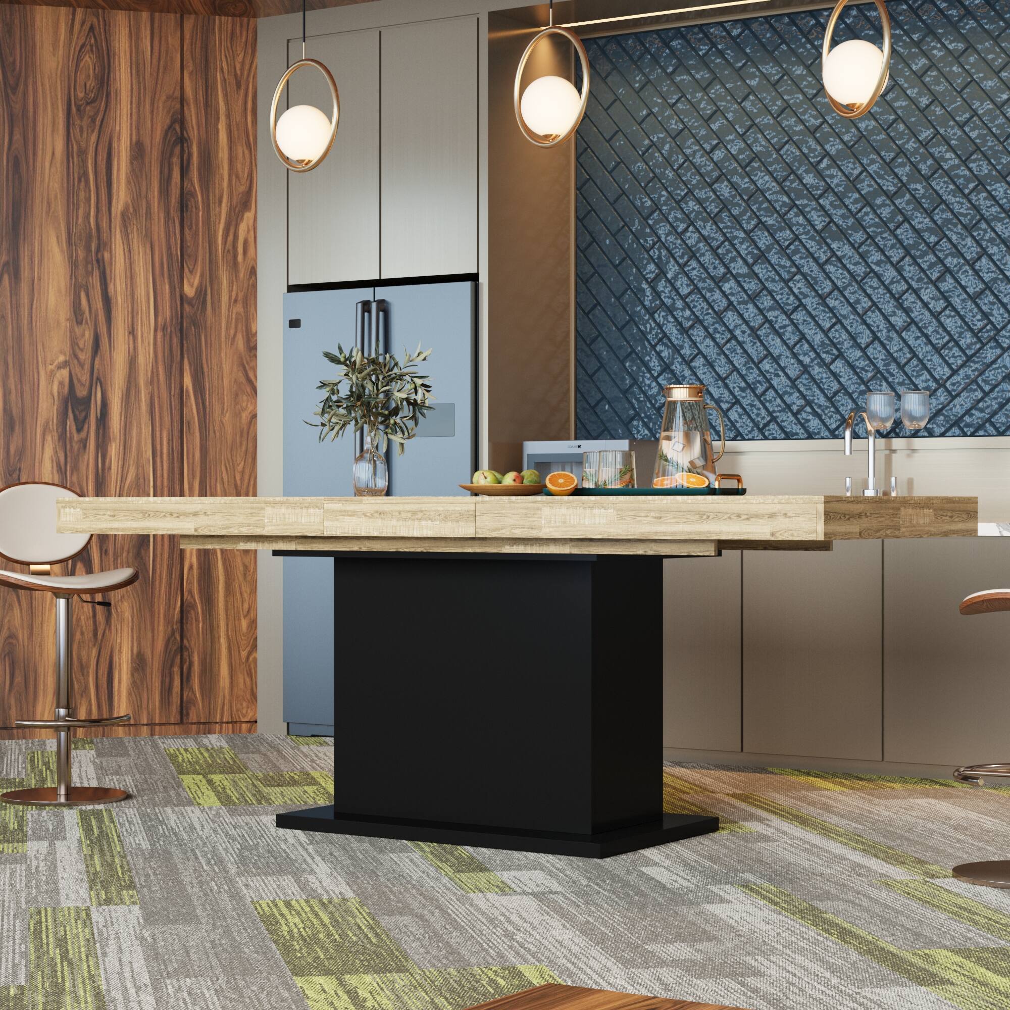 Left. FUFU&GAGA - Extendable Dining Table for 6-8, Wood Grain Kitchen Table with Black Base, Space-Saving Expandable Table for Home - Black & Wooden.