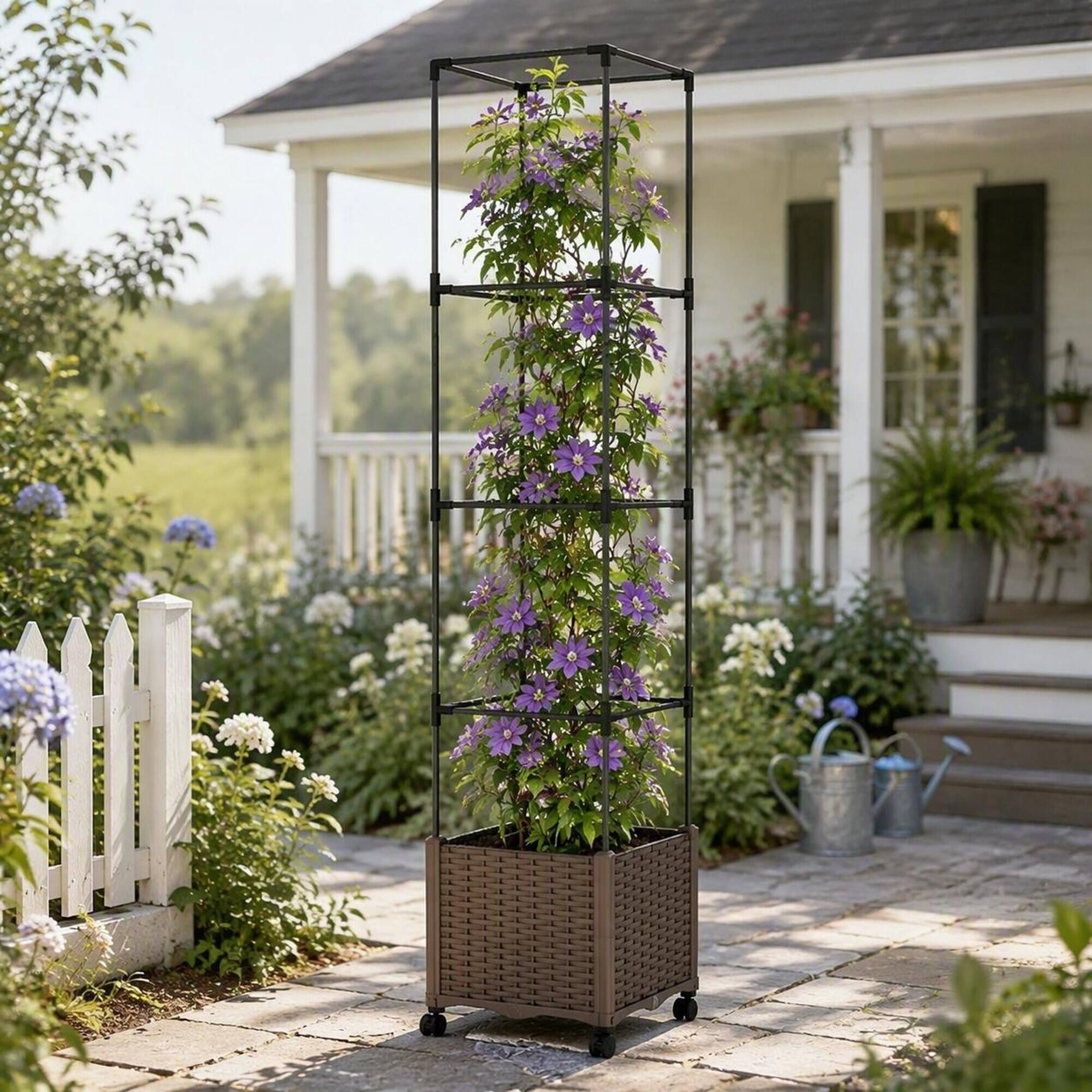 Left. RYHNUYNE - Mobile Raised Garden Bed with Adjustable Trellis and Self-Watering Planter Box on Wheels, 15.7 by 15.7 by 71.7 - Brown.