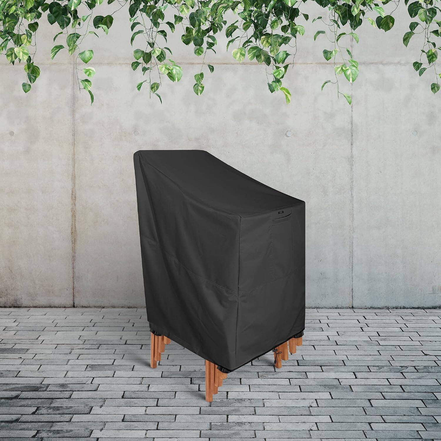 Angle. KHOMO GEAR - Heavy Duty Stackable Chair Cover - Premium Outdoor Furniture Protector, Durable, Weatherproof, UV Resistant - Black.