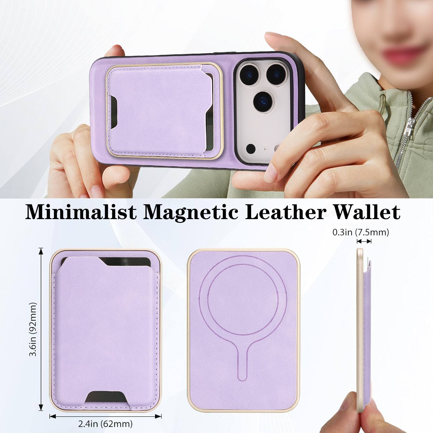 Minimalist Magnetic Leather Wallet  
0.3in (7.5mm)  
3.6in (92mm)  
2.4in (62mm)