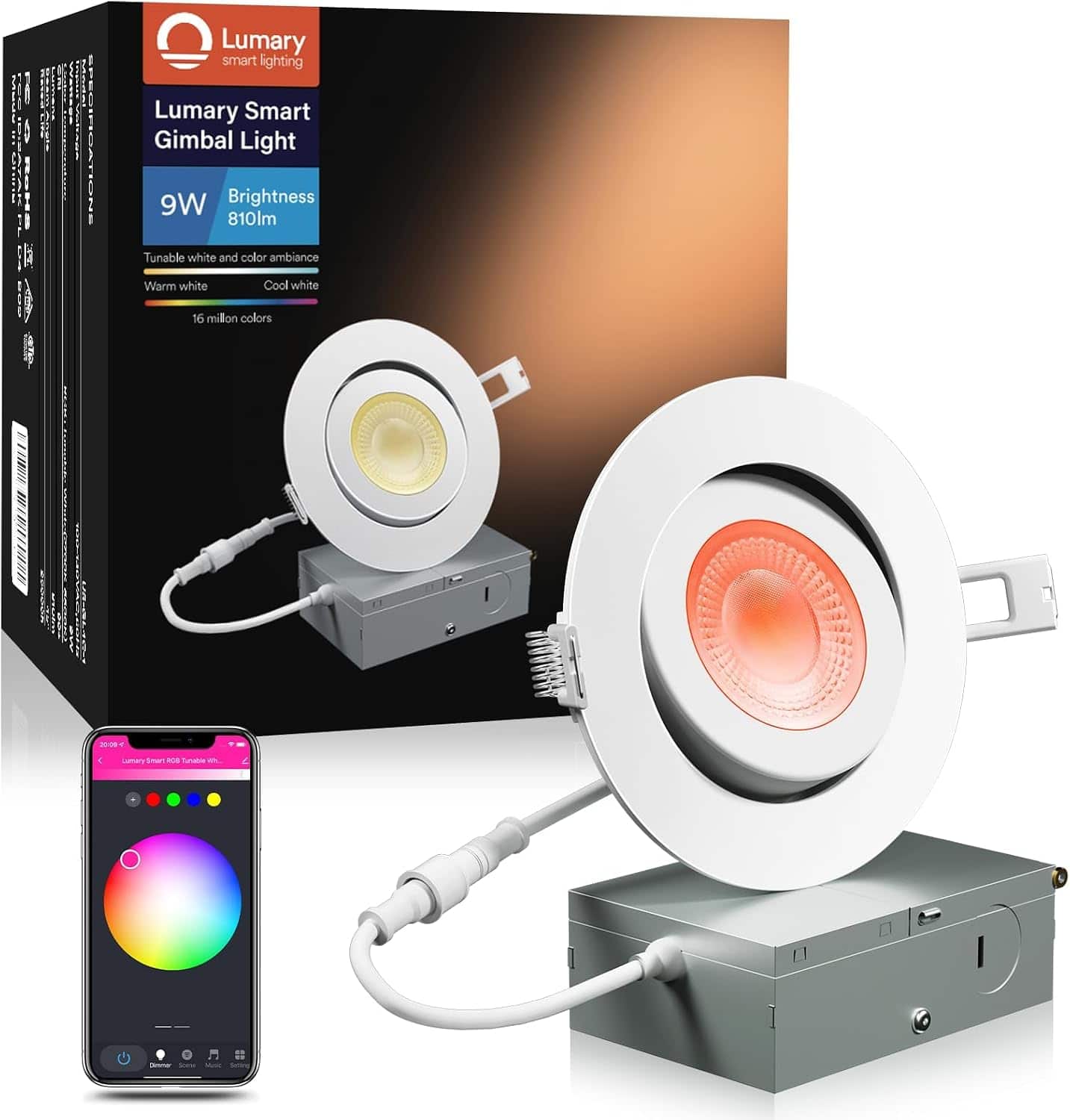 "Lumary - 4"" Smart Gimbal Recessed Lighting, 40° Tilt Directional Color Changing Downlight, Alexa/Google Assistant, 1 Pack - White" price history on PriceWatchPro