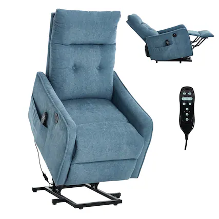 Front. LUCKY ONE - Chenille Single Motor Power Lift Recliner Chair with Massage, Heat & USB Charging - Blue.