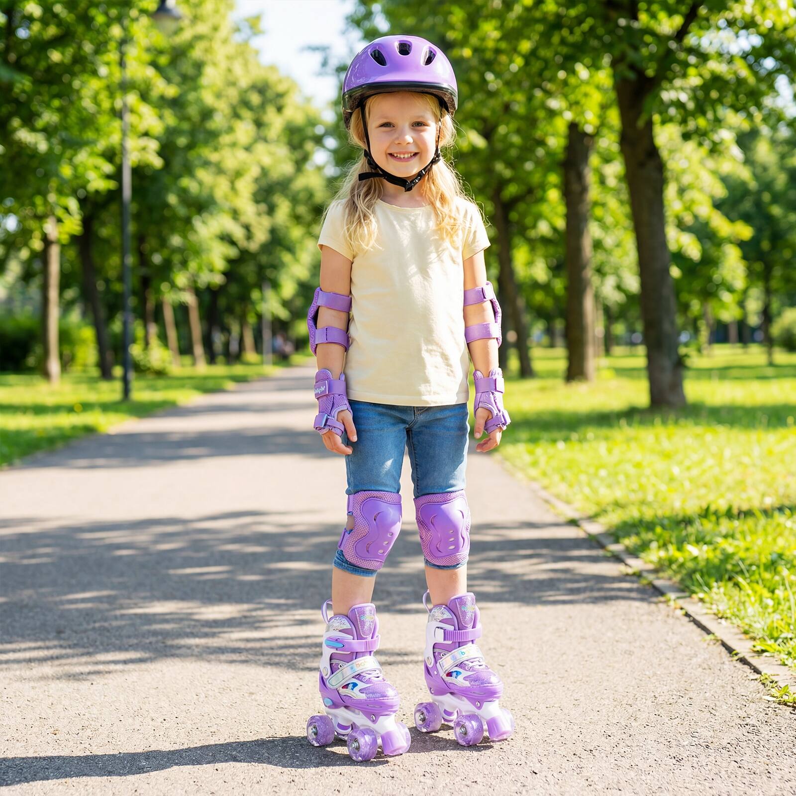Alt View 1. Gymax - Gymax Kids Roller Skates 4 Sizes Adjustable Quad Skates w/Light-up Wheels for Sports Purple - Purple.
