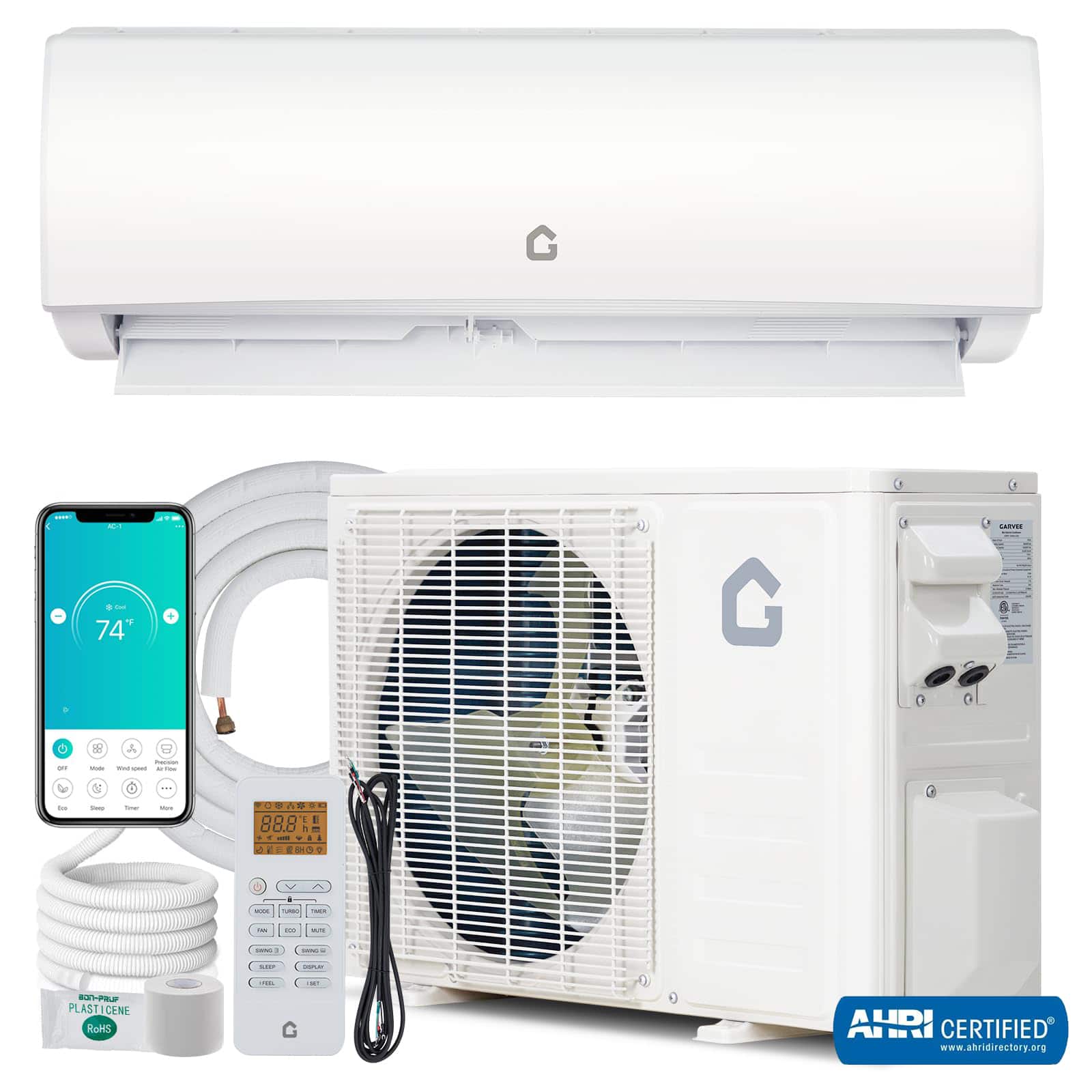 GARVEE - 21 SEER2 12000 BTU Mini Ductless Split Air Conditioner& Heater Inverter AC with Remote Control & WIFI ,220V - White