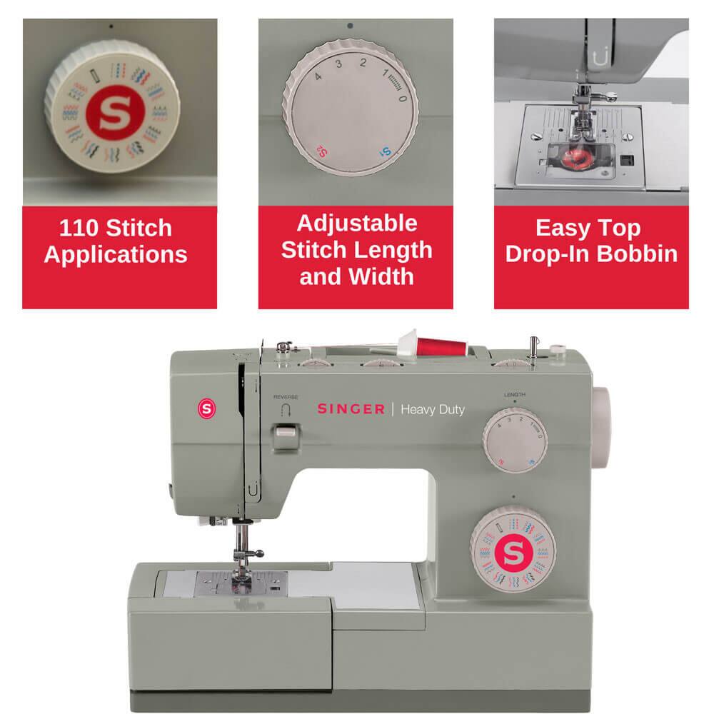 110 Stitch Applications  
Adjustable Stitch Length and Width  
Easy Top Drop-In Bobbin  
SINGER Heavy Duty