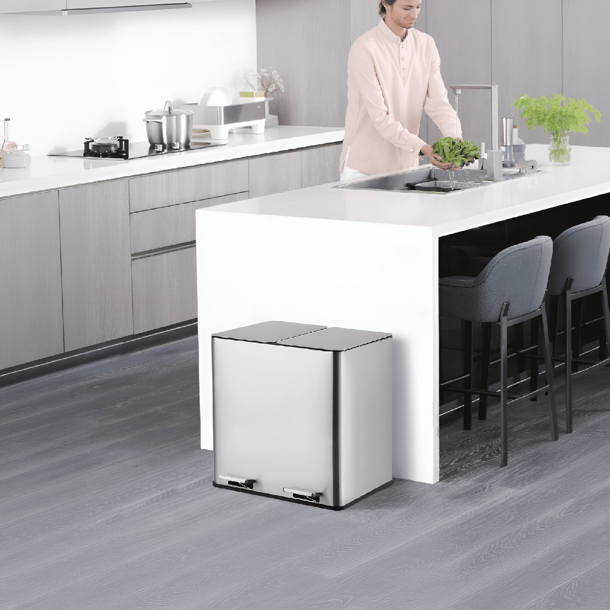 Back. Homhougo - 8 Gallon Dual Trash Can, 2x4 Gallon with Soft Close Lid, Foot Pedal, Stainless Steel for Kitchen/Office - Silver.