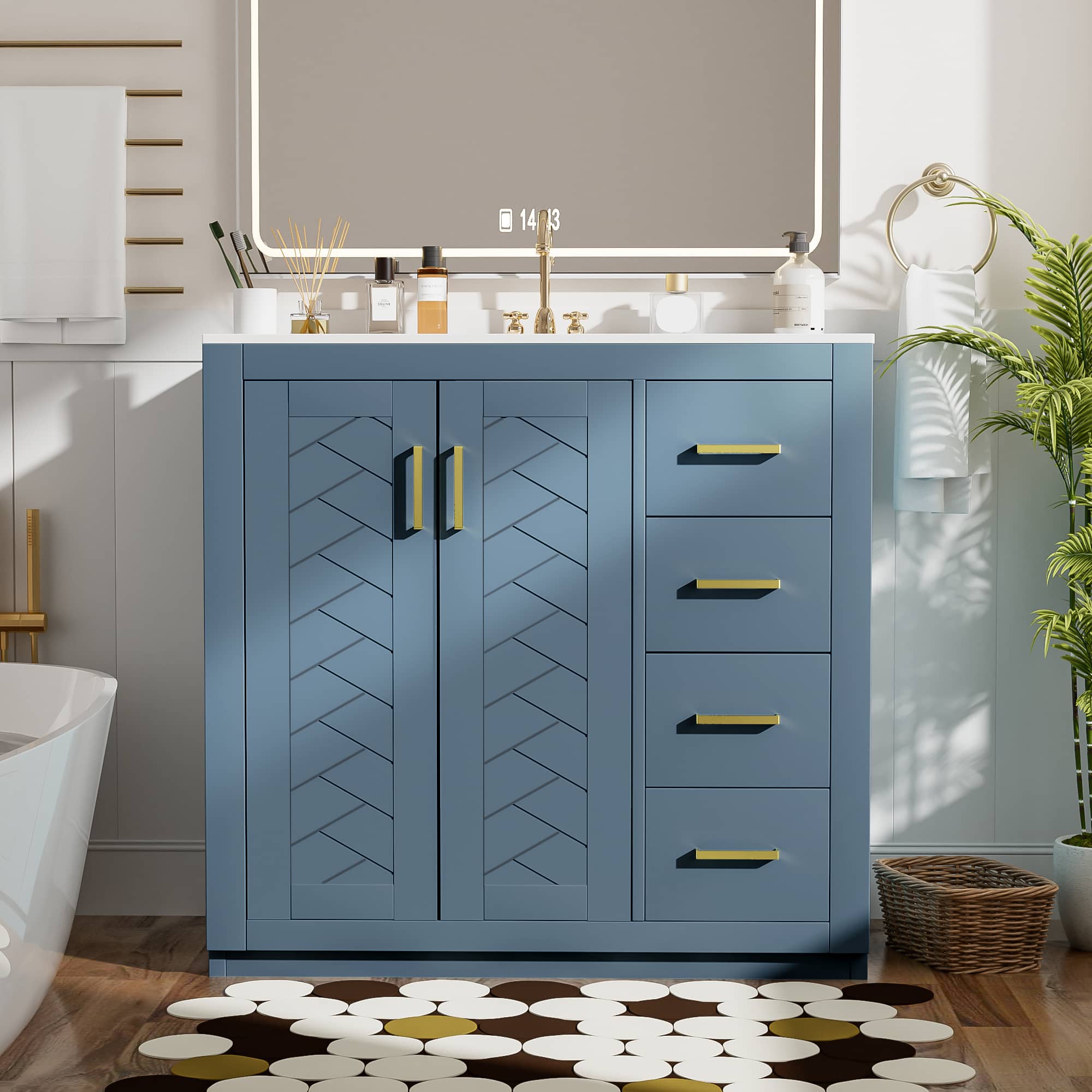 Tiramisubest - 36" Bathroom Vanity with Ceramic Sink Combo, Bathroom Storage Cabinet, Freestanding Vanity Set with 3 Drawers - Indigo