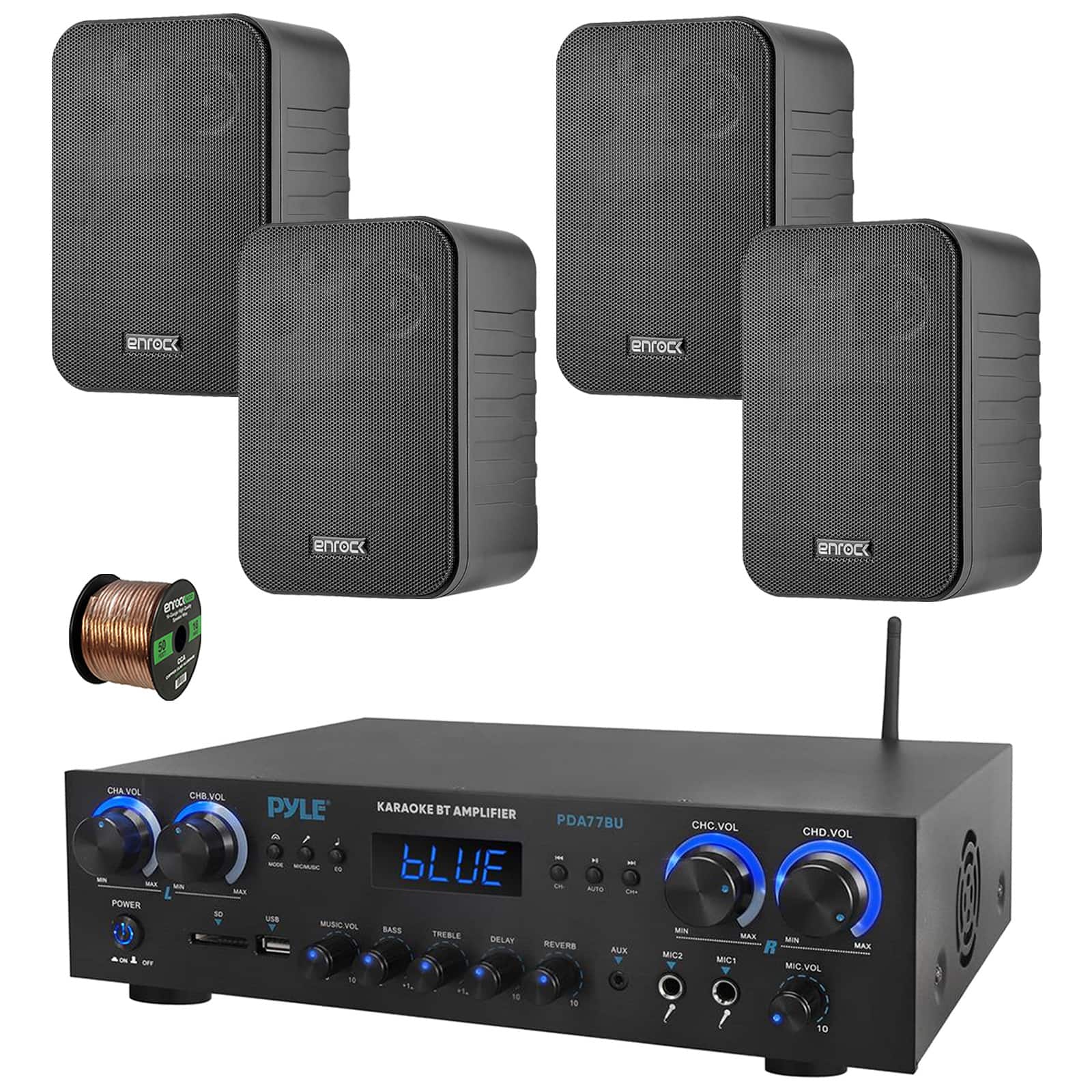 Enrock - Pyle PDA77BU 4-Channel Bluetooth MP3/SD/RCA/AUX FM Radio Home Receiver, 4x 4" 30 Watt Indoor/Outdoor Speakers w/Wire