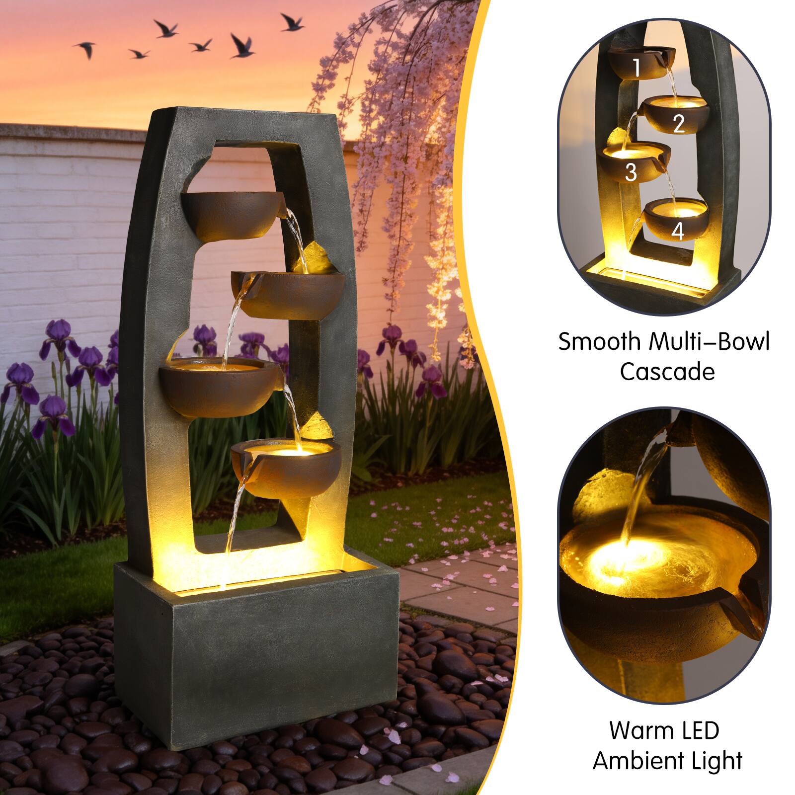 1 2 3 4 Smooth Multi-Bowl Cascade Warm LED Ambient Light