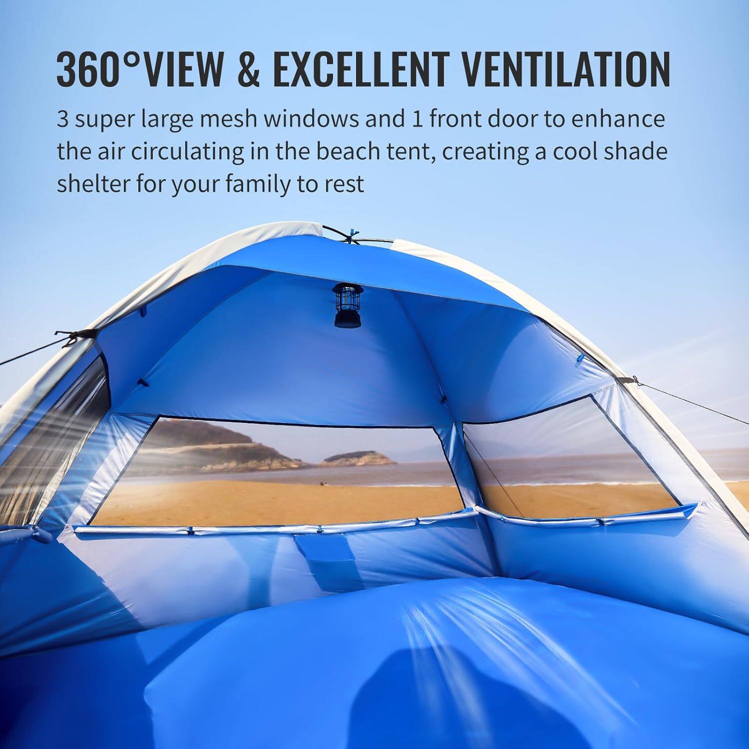 360° VIEW & EXCELLENT VENTILATION

3 super large mesh windows and 1 front door to enhance the air circulating in the beach tent, creating a cool shade shelter for your family to rest