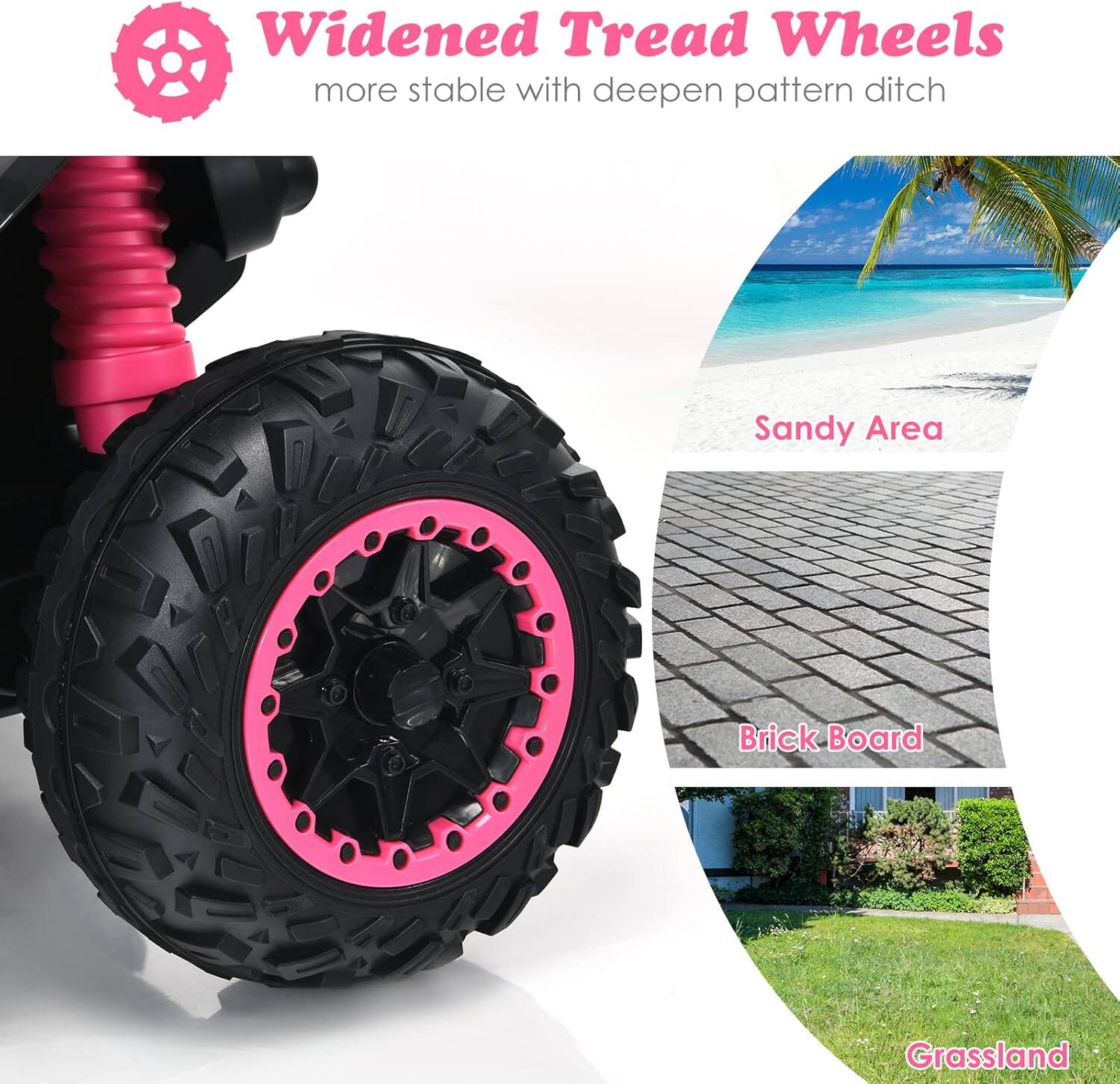 Widened Tread Wheels  
more stable with deepen pattern ditch  

Sandy Area  
Brick Board  
Grassland