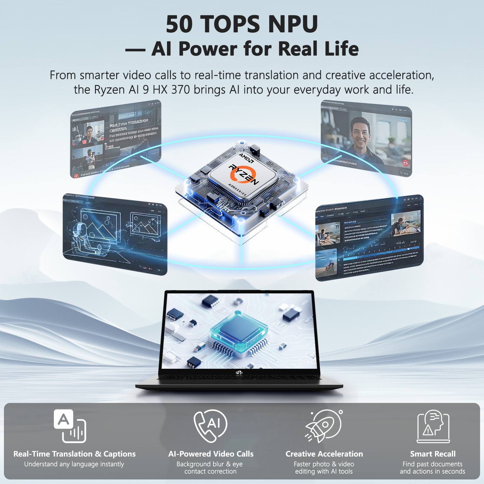 50 TOPS NPU  
— AI Power for Real Life

From smarter video calls to real-time translation and creative acceleration, the Ryzen AI 9 HX 370 brings AI into your everyday work and life.

- Real-Time Translation & Captions  
  Understand any language instantly

- AI-Powered Video Calls  
  Background blur & eye contact correction

- Creative Acceleration  
  Faster photo & video editing with AI tools

- Smart Recall  
  Find past documents and actions in seconds
